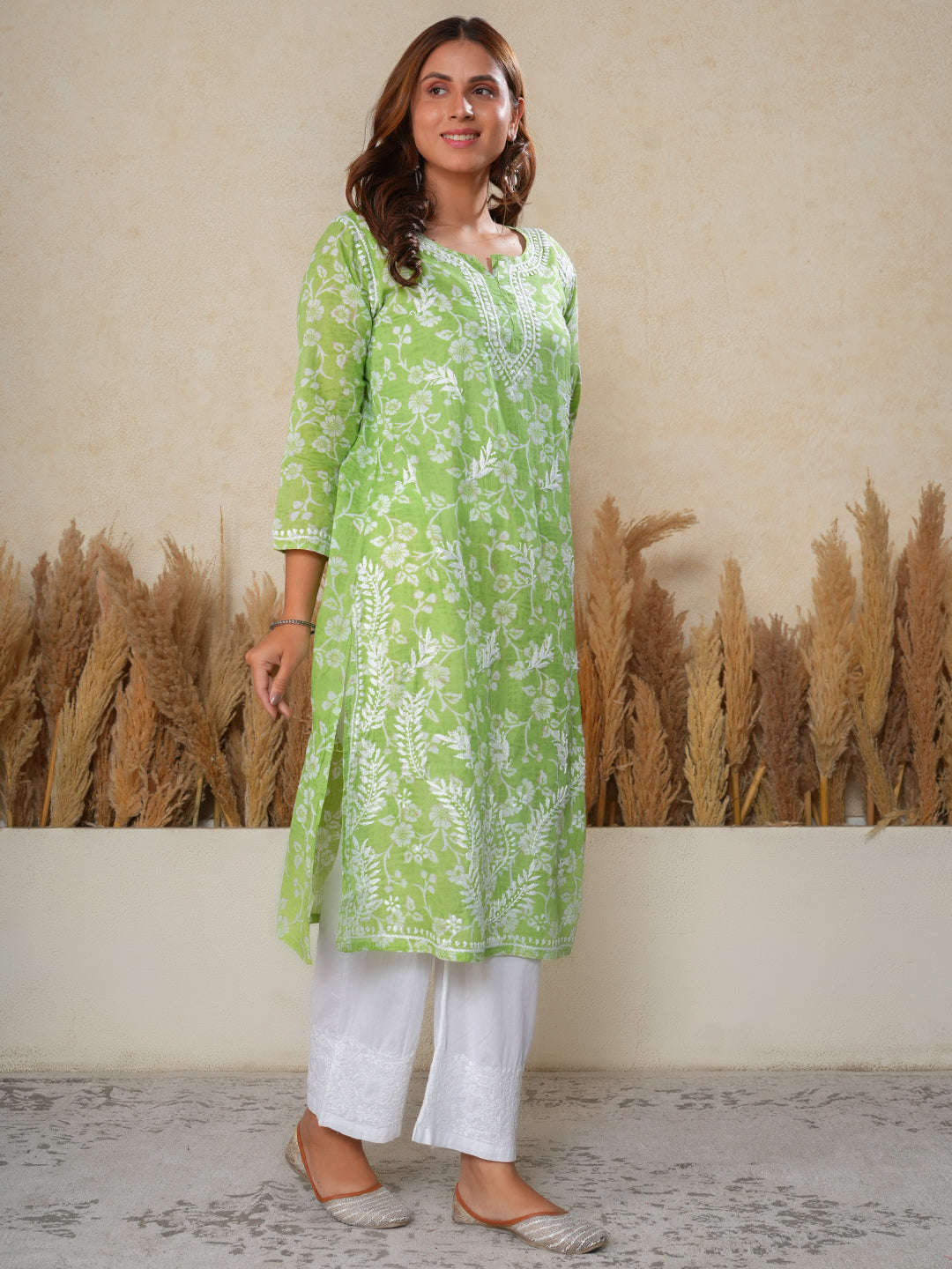 Jugni Mul Cotton Printed Straight Kurti-Light Green