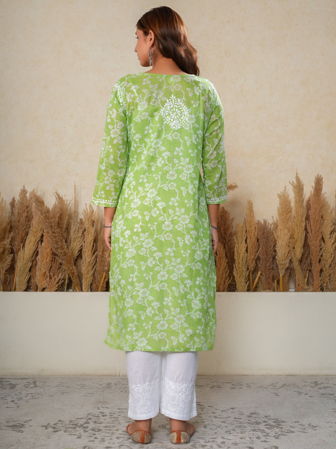 Jugni Mul Cotton Printed Straight Kurti-Light Green