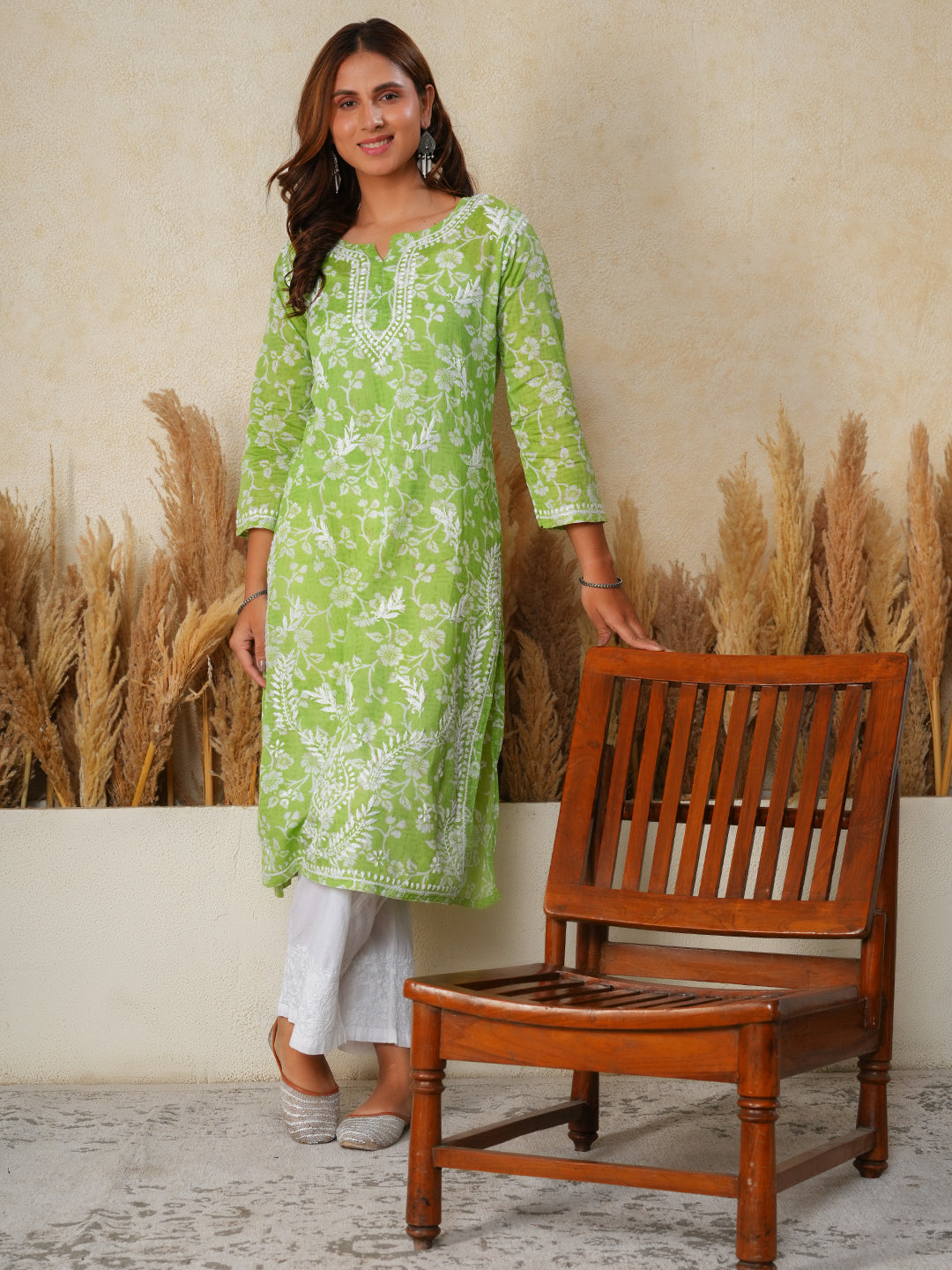 Jugni Mul Cotton Printed Straight Kurti-Light Green