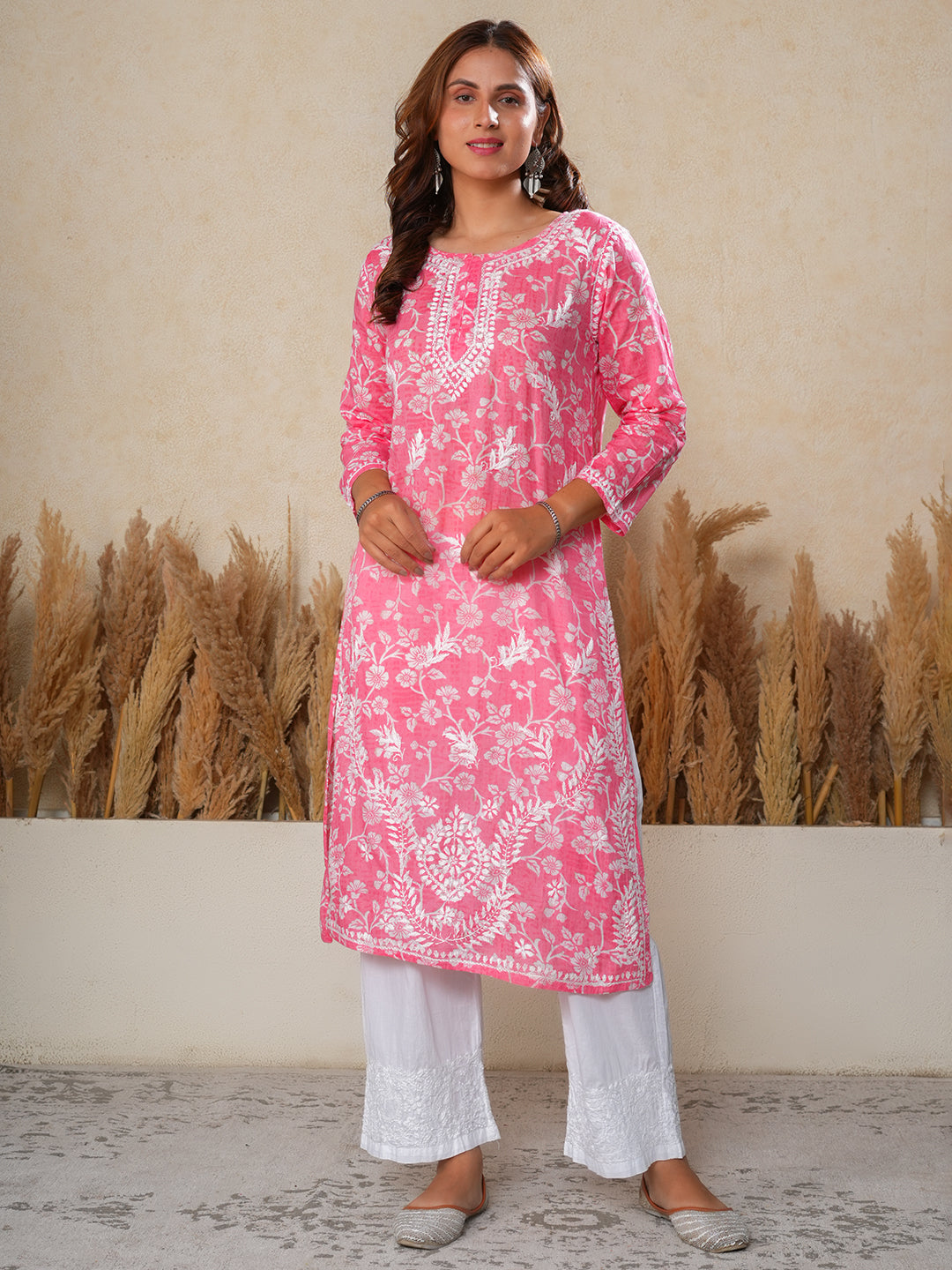 Jugni Mul Cotton Printed Straight Kurti-Pink