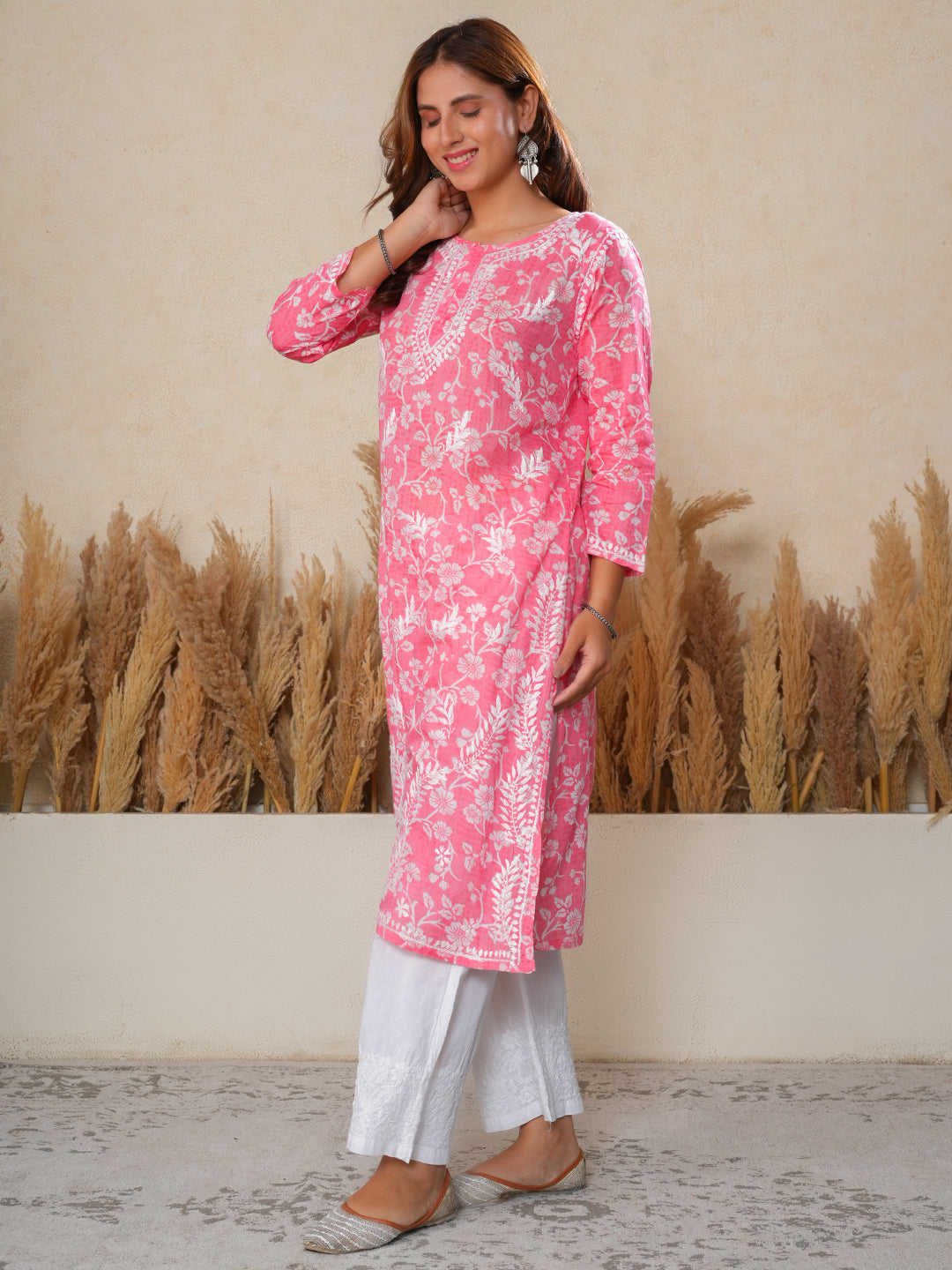 Jugni Mul Cotton Printed Straight Kurti-Pink