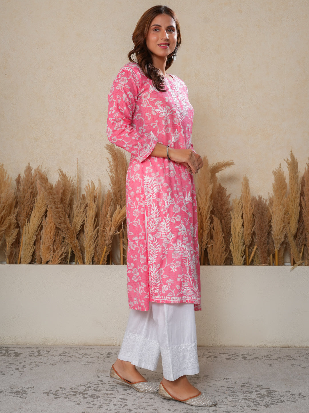 Jugni Mul Cotton Printed Straight Kurti-Pink
