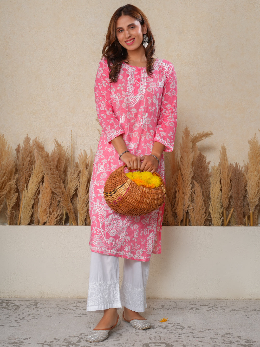Jugni Mul Cotton Printed Straight Kurti-Pink