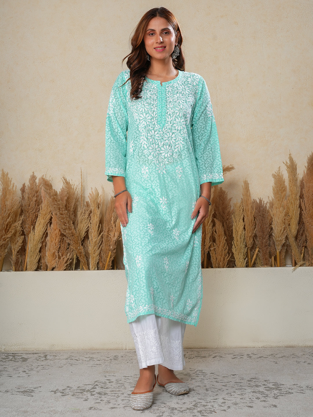 Jugni Mul Cotton Printed Straight Kurti-Cool Green