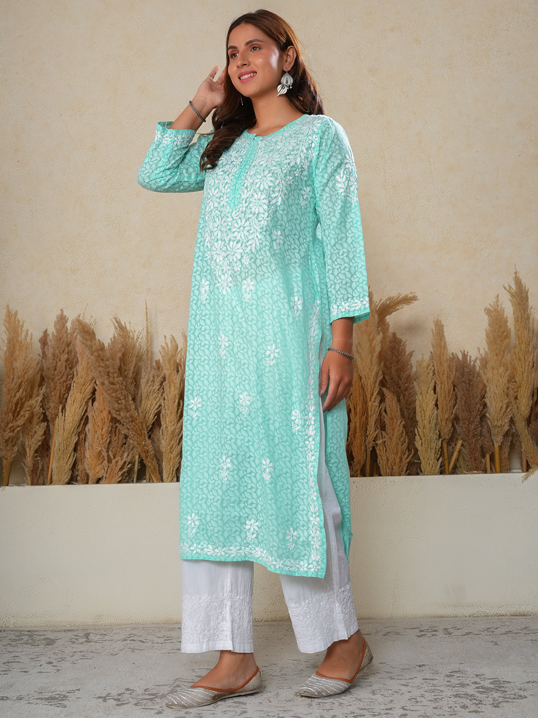 Jugni Mul Cotton Printed Straight Kurti-Cool Green