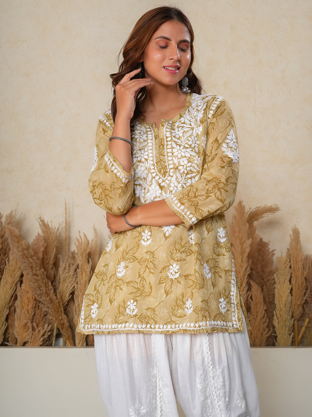 Jugni Mustard mul cotton Floral printed Chikankari Kurti