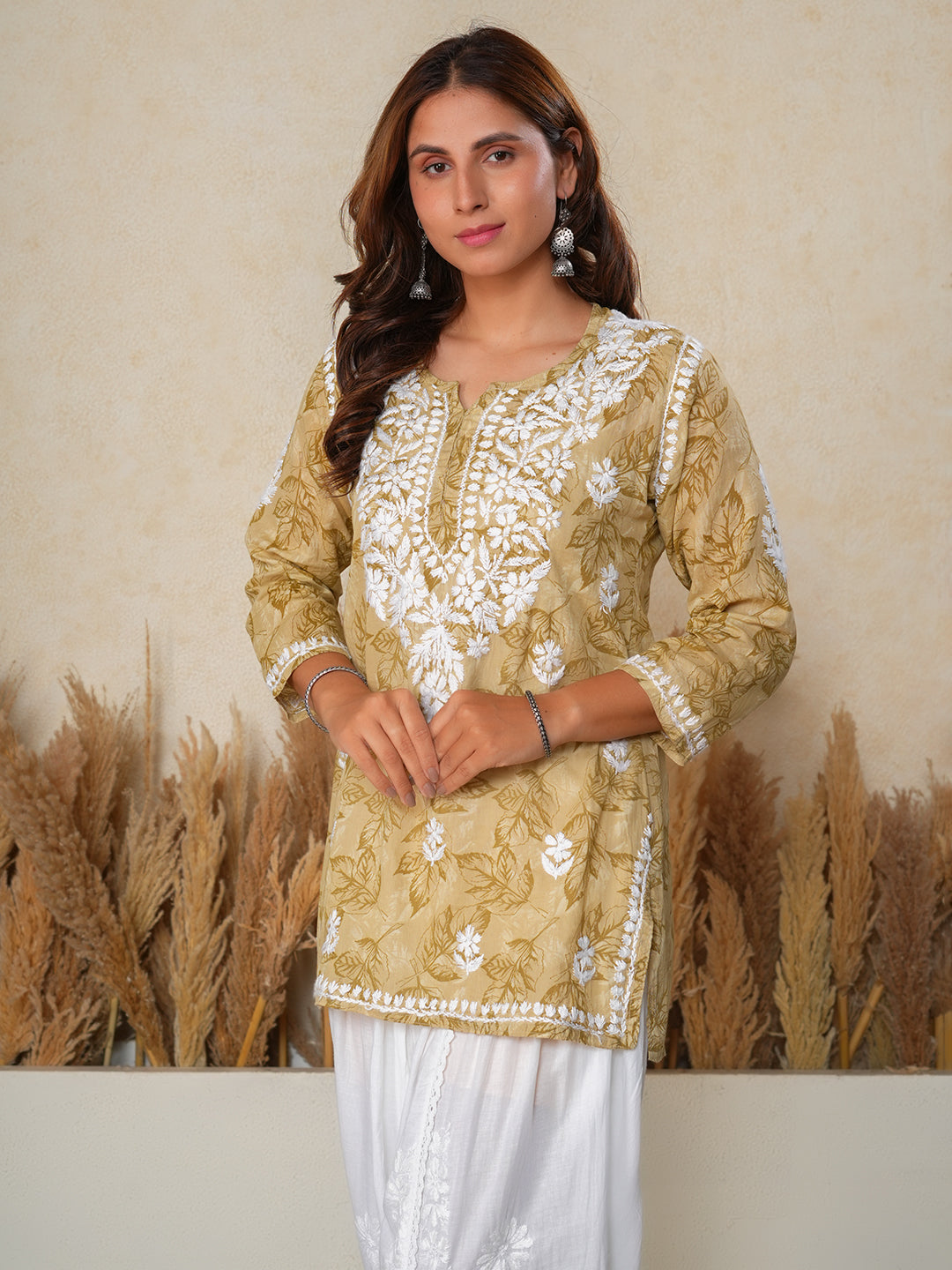 Jugni Mustard mul cotton Floral printed Chikankari Kurti