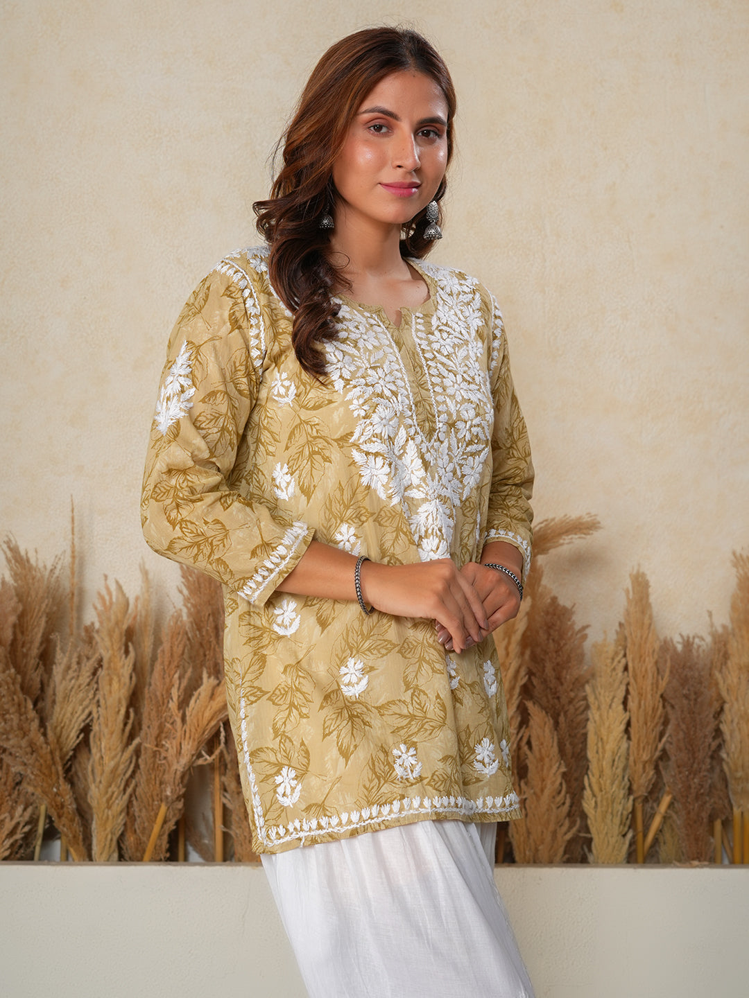 Jugni Mustard mul cotton Floral printed Chikankari Kurti