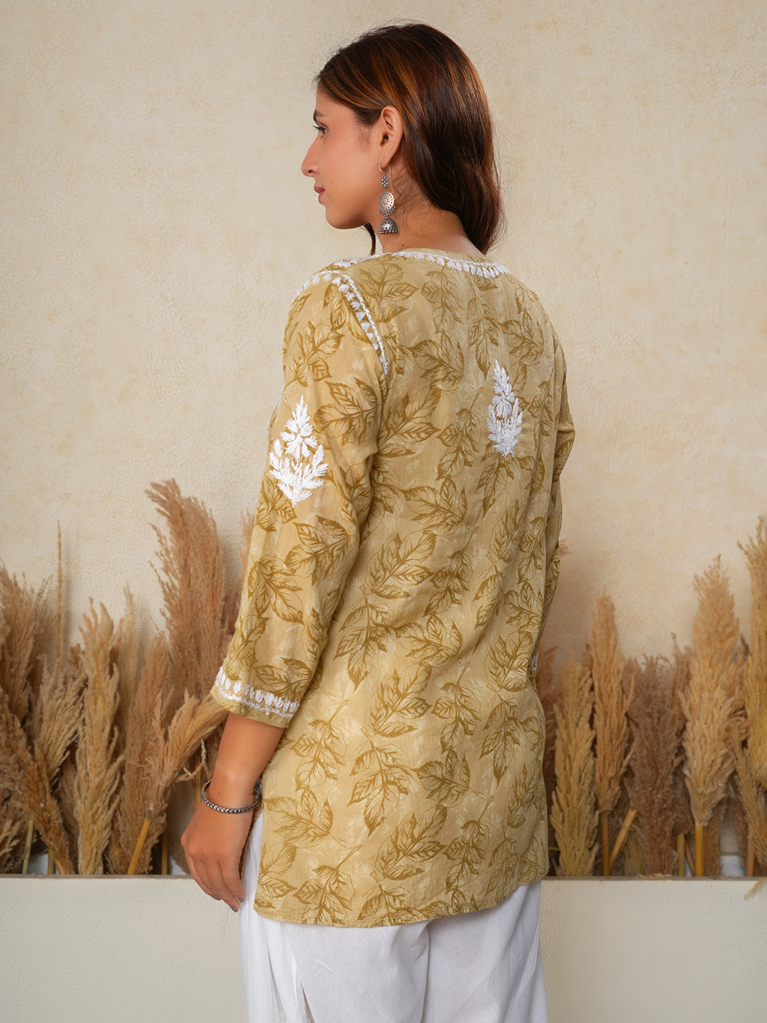 Jugni Mustard mul cotton Floral printed Chikankari Kurti