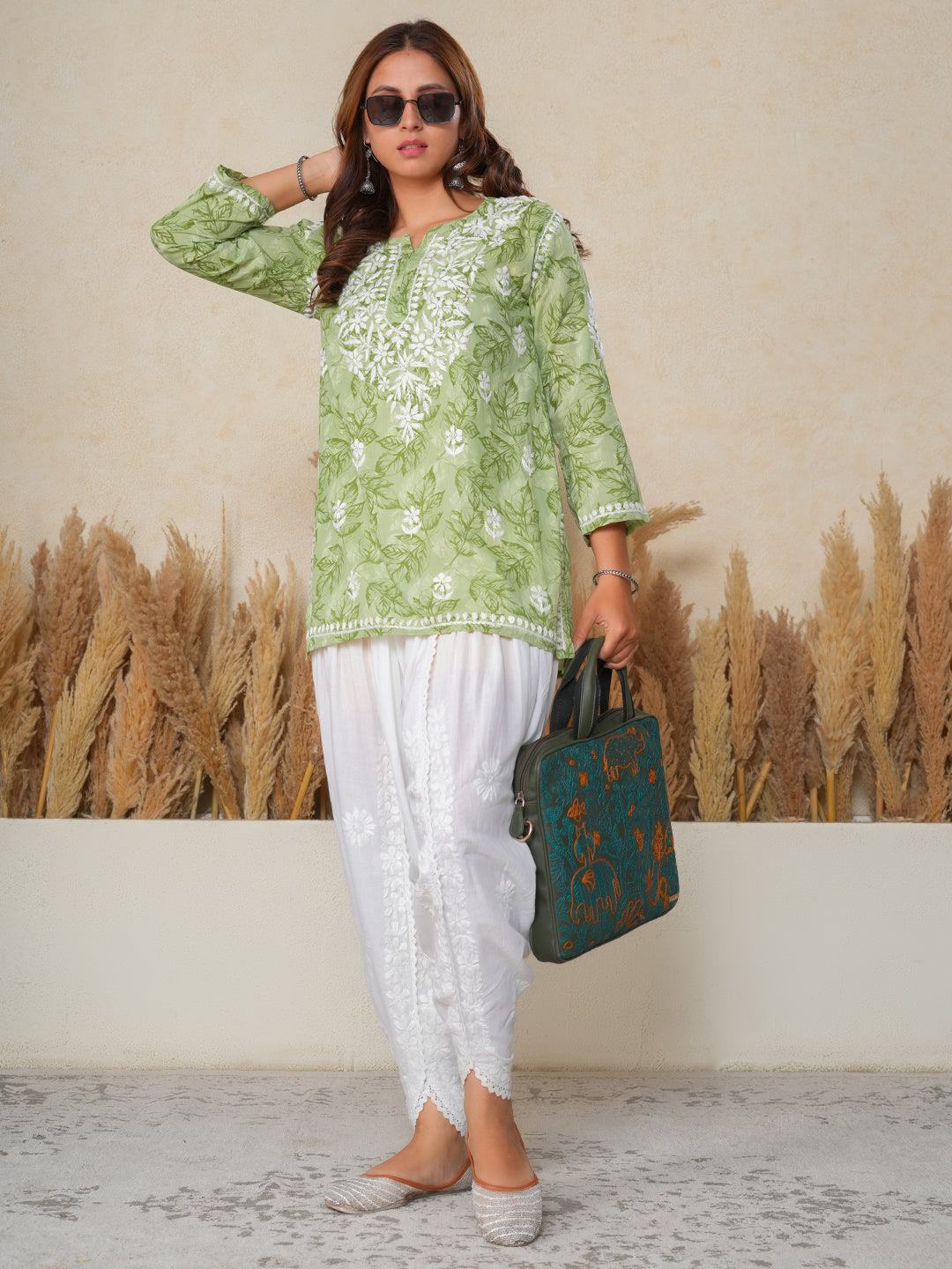 Jugni Green mul cotton Floral Printed Short Chikankari Kurti