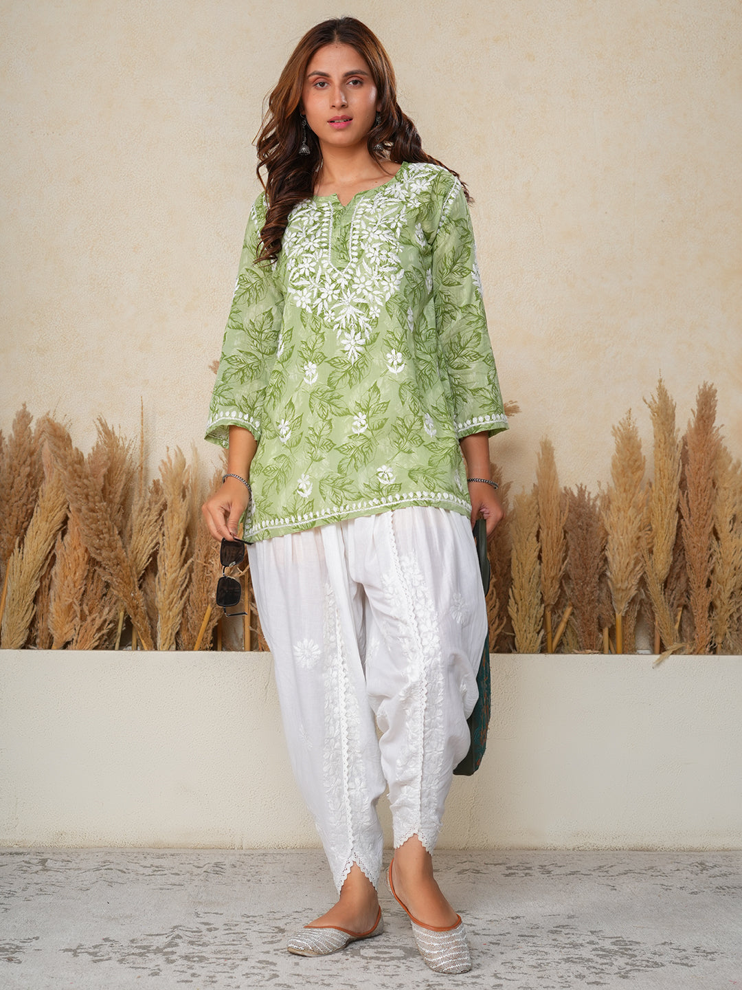 Jugni Green mul cotton Floral Printed Short Chikankari Kurti