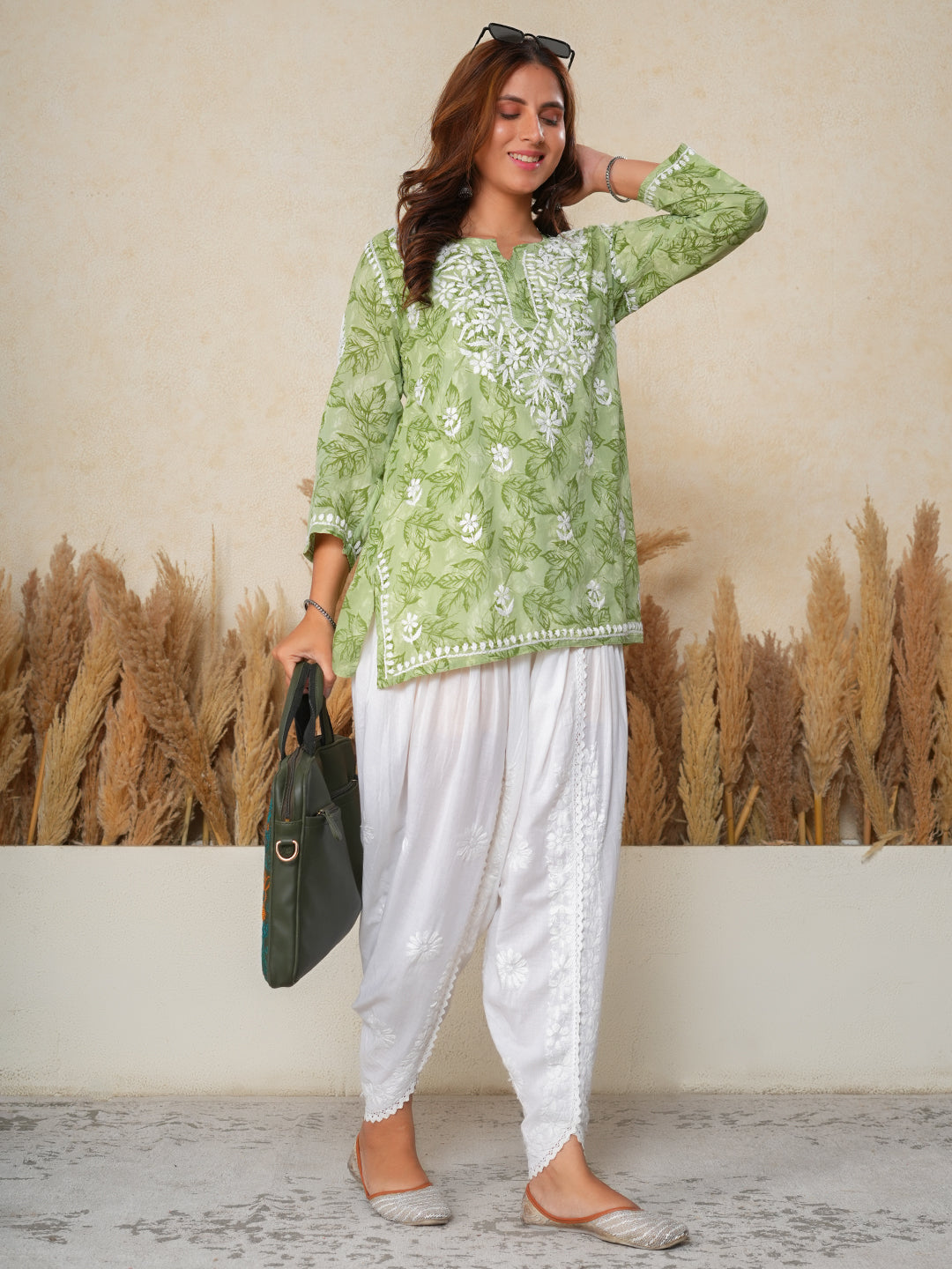 Jugni Green mul cotton Floral Printed Short Chikankari Kurti