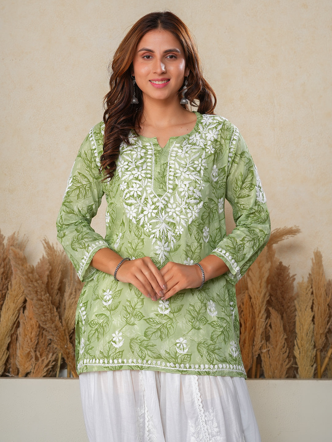 Jugni Green mul cotton Floral Printed Short Chikankari Kurti