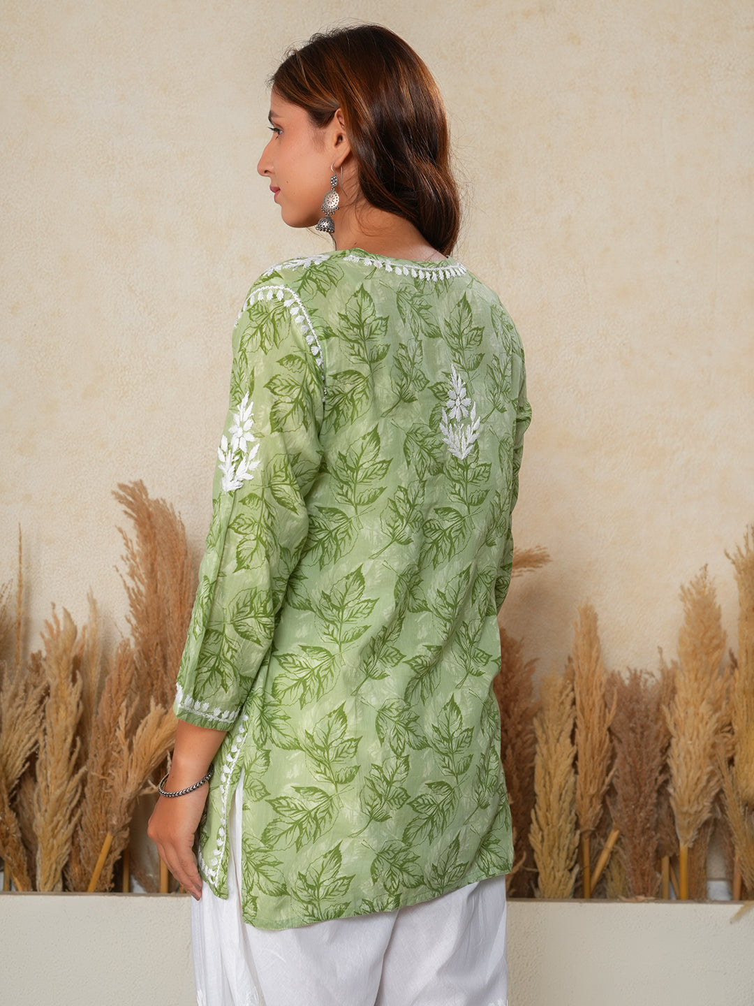 Jugni Green mul cotton Floral Printed Short Chikankari Kurti