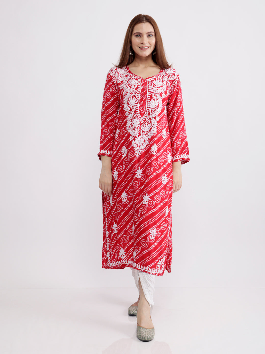 Ehsaas! Rayon Bandhani Chikankari Kurti- Red