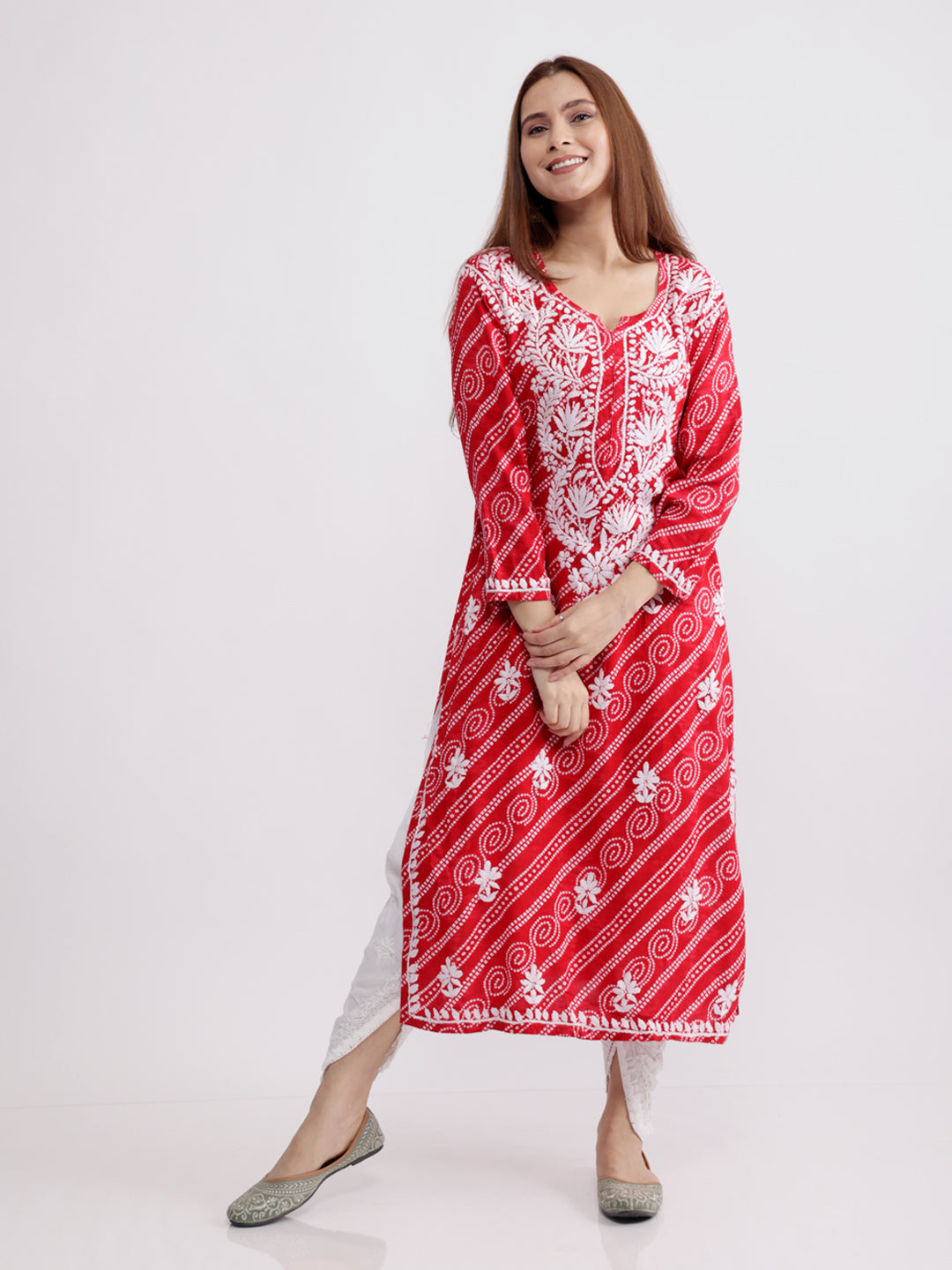 Ehsaas! Rayon Bandhani Chikankari Kurti- Red