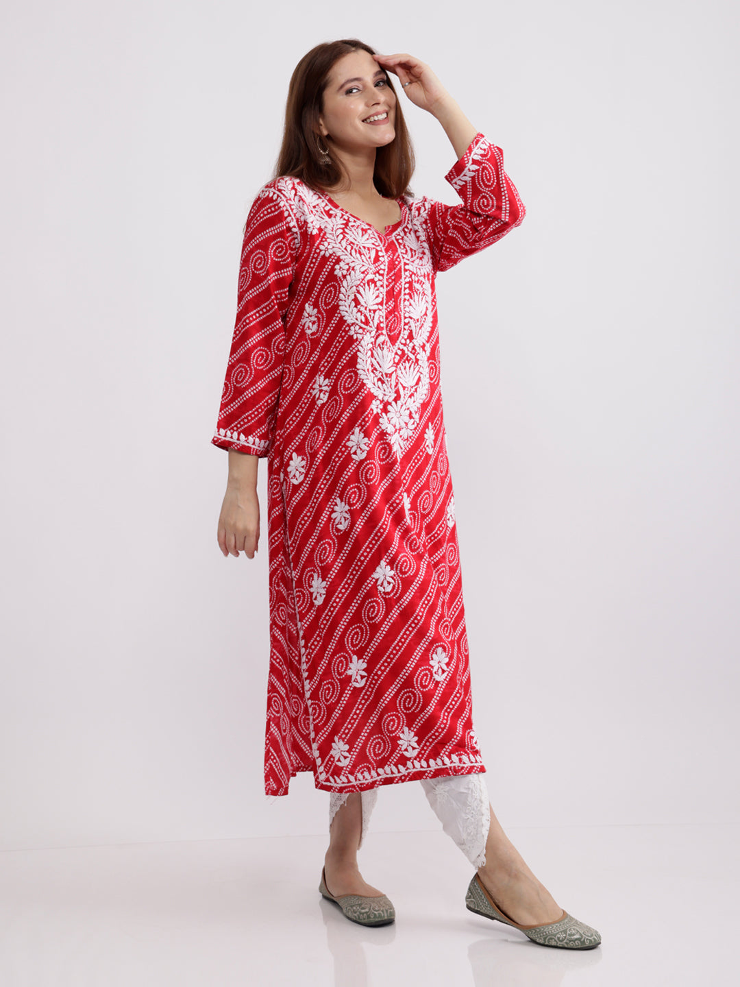 Ehsaas! Rayon Bandhani Chikankari Kurti- Red