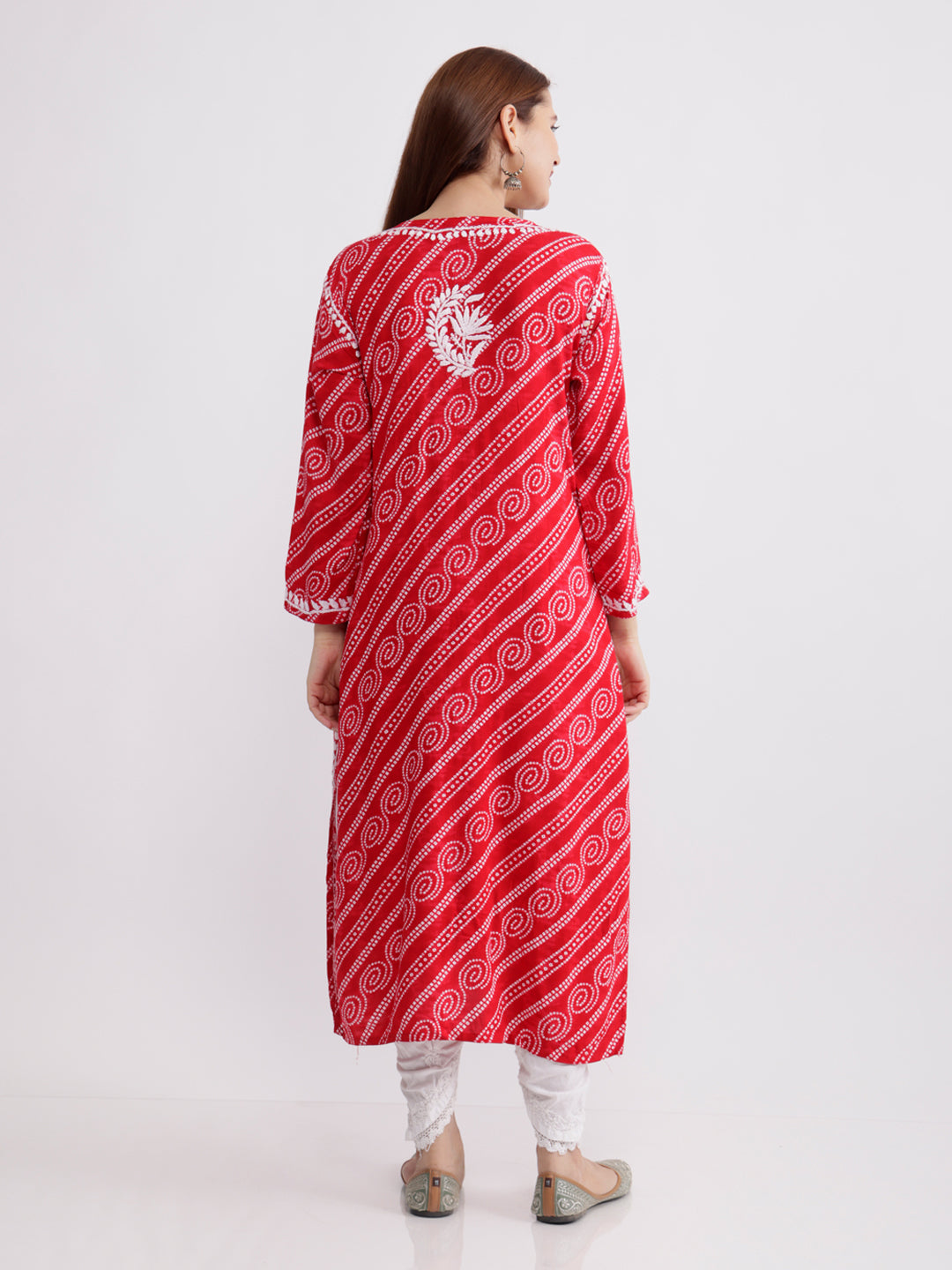 Ehsaas! Rayon Bandhani Chikankari Kurti- Red