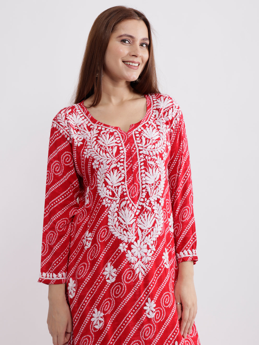 Ehsaas! Rayon Bandhani Chikankari Kurti- Red