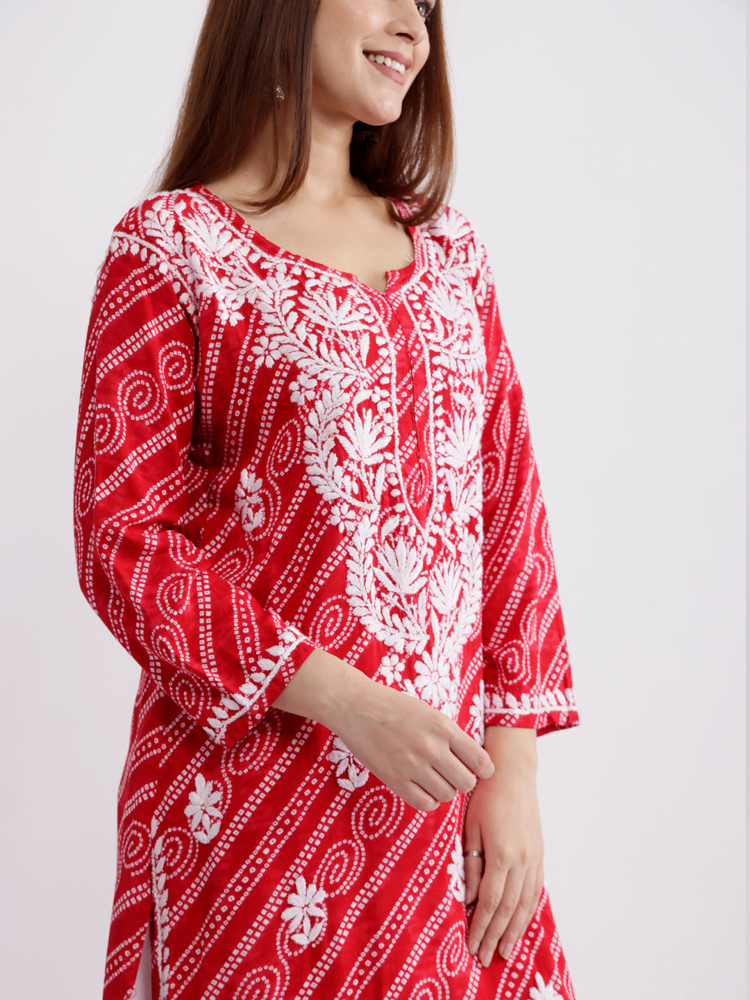 Ehsaas! Rayon Bandhani Chikankari Kurti- Red