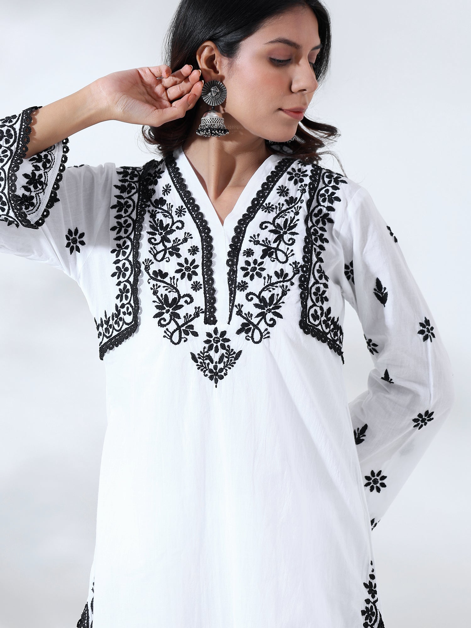 Noor: Premium Pure cotton white and black short chikankari kurti- Pre booking available for sold out sizes on whatsapp.