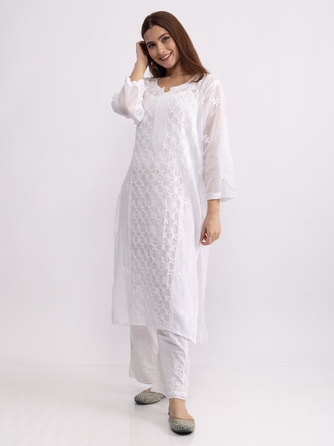 Meher! Cotton Kota doria Straight Chikankari kurta