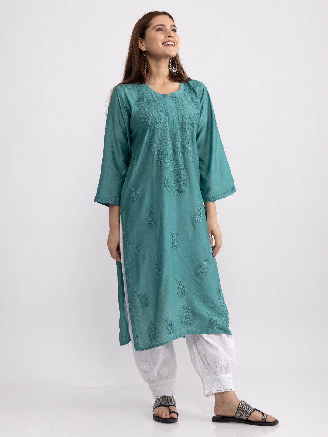 Sama! Chanderi Silk Chikankari Kurta Turquoise green