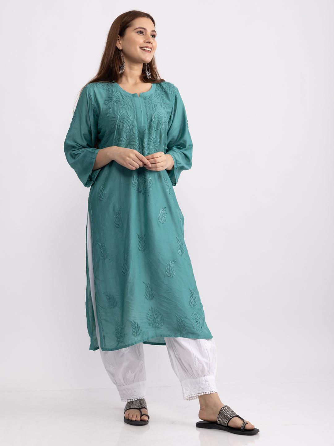 Sama! Chanderi Silk Chikankari Kurta Turquoise green