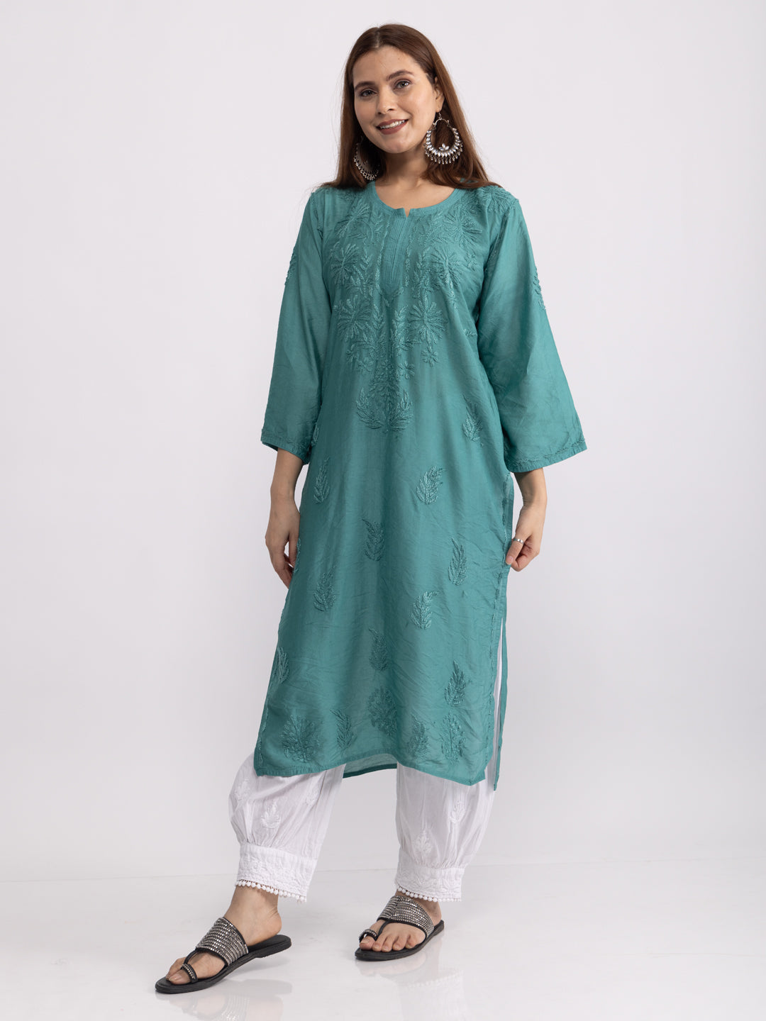 Sama! Chanderi Silk Chikankari Kurta Turquoise green