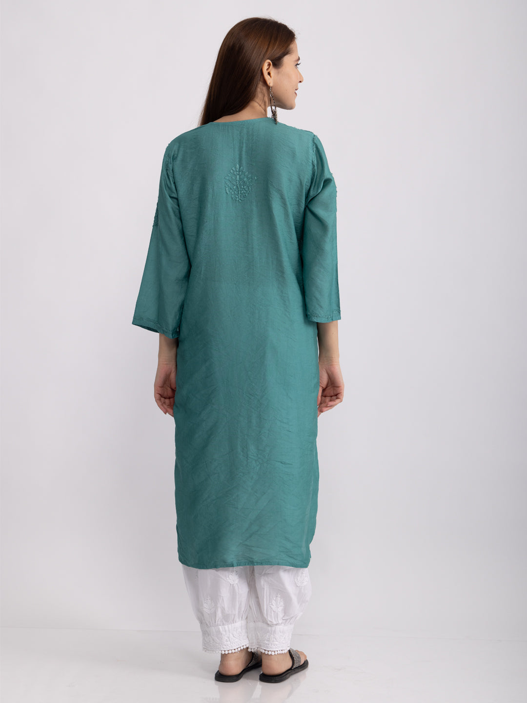 Sama! Chanderi Silk Chikankari Kurta Turquoise green