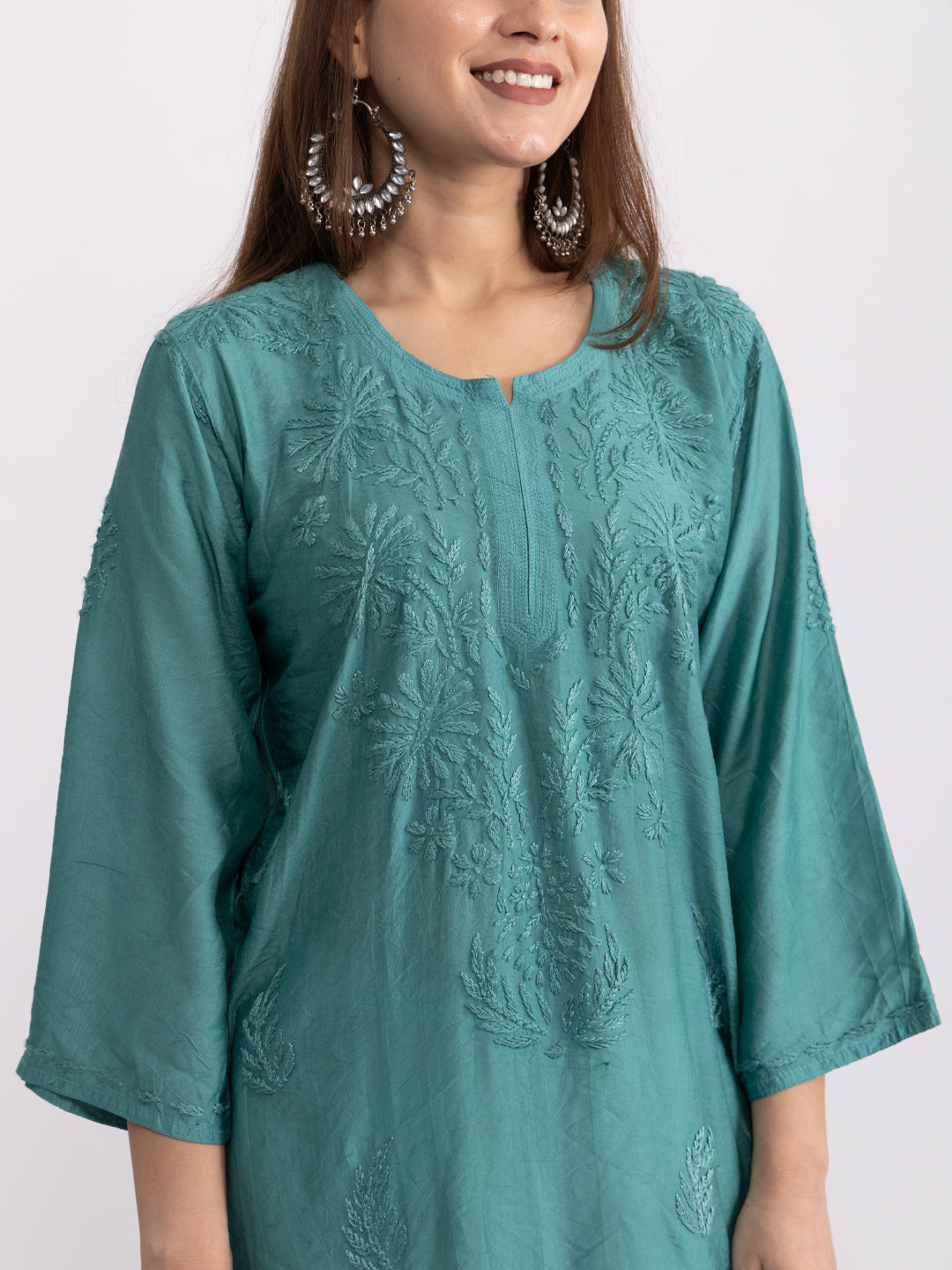 Sama! Chanderi Silk Chikankari Kurta Turquoise green