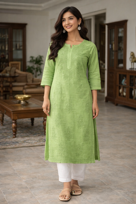 Aafreen- Green Chikankari Kurta on chanderi cotton