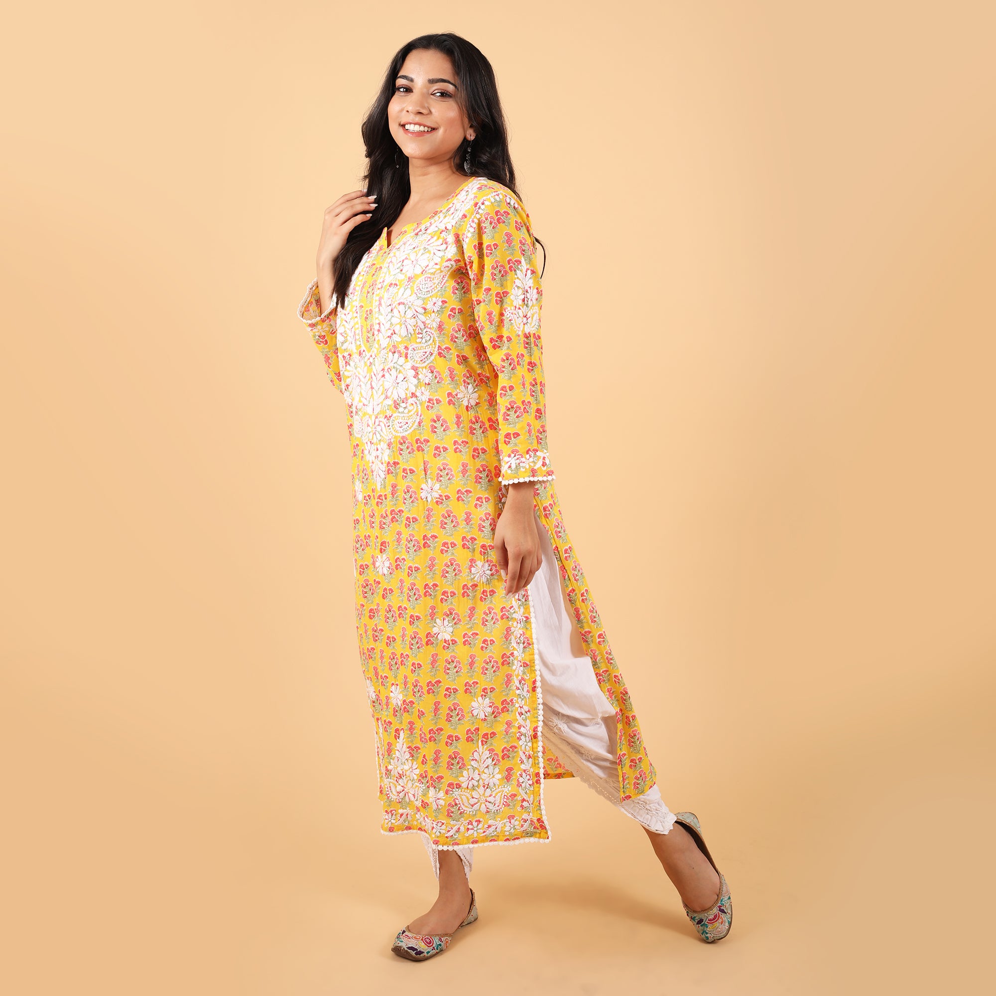 Jugni Mul cotton Chikankari Straight Kurti Yellow