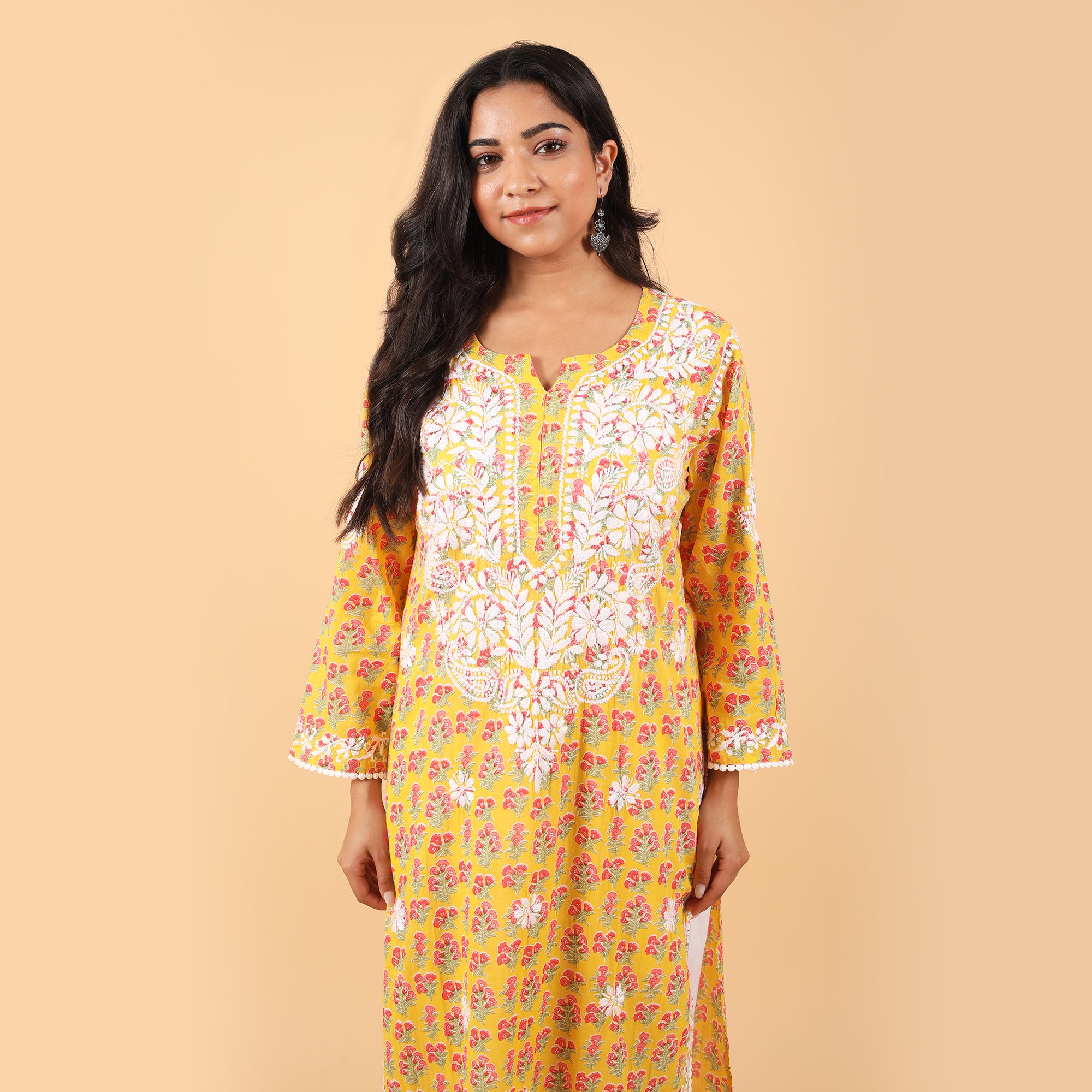 Jugni Mul cotton Chikankari Straight Kurti Yellow