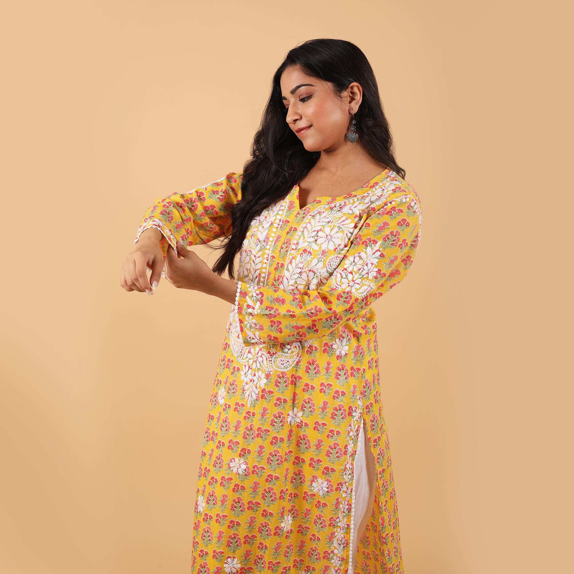 Jugni Mul cotton Chikankari Straight Kurti Yellow