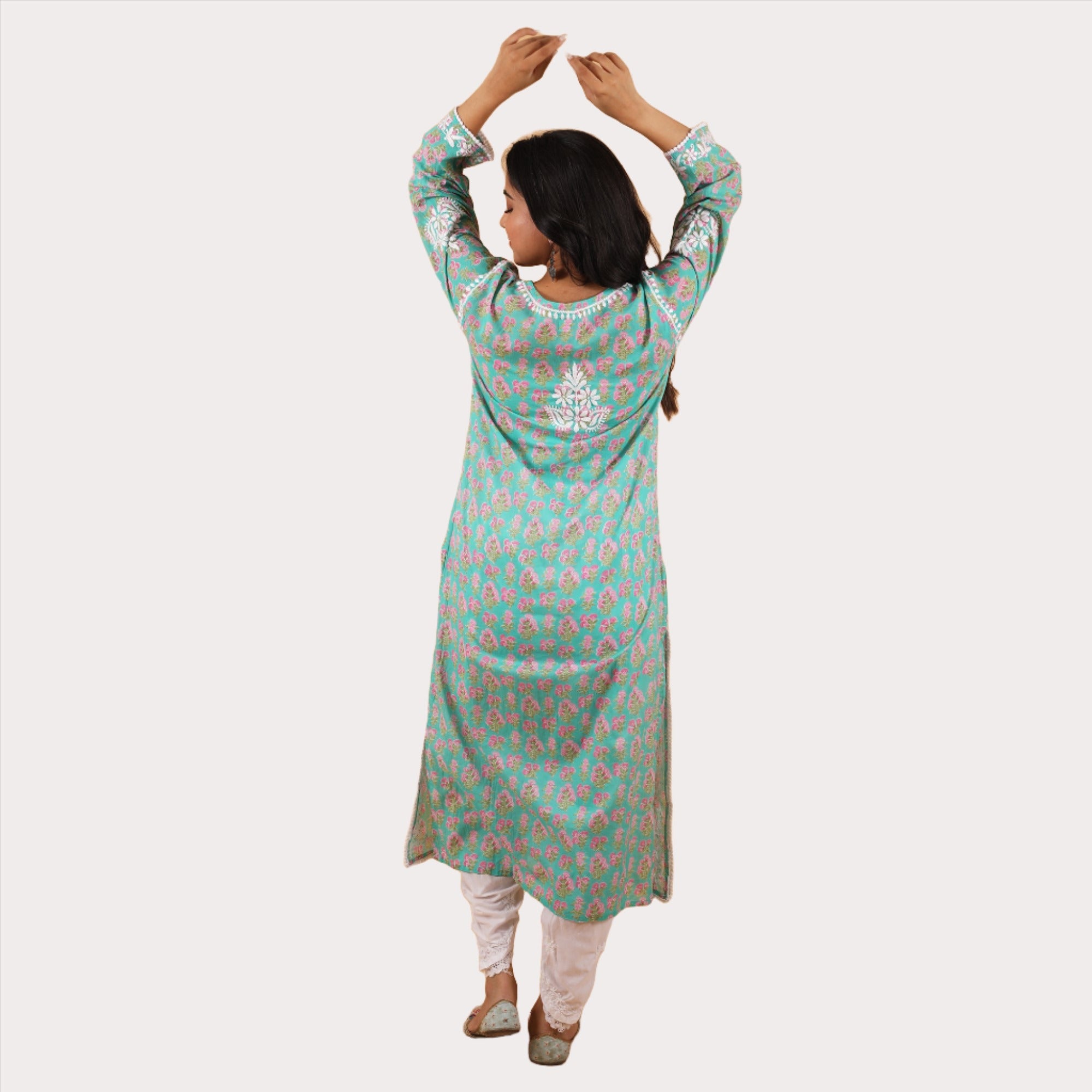 Jugni Mul cotton Chikankari Straight Kurti Turquoise Green