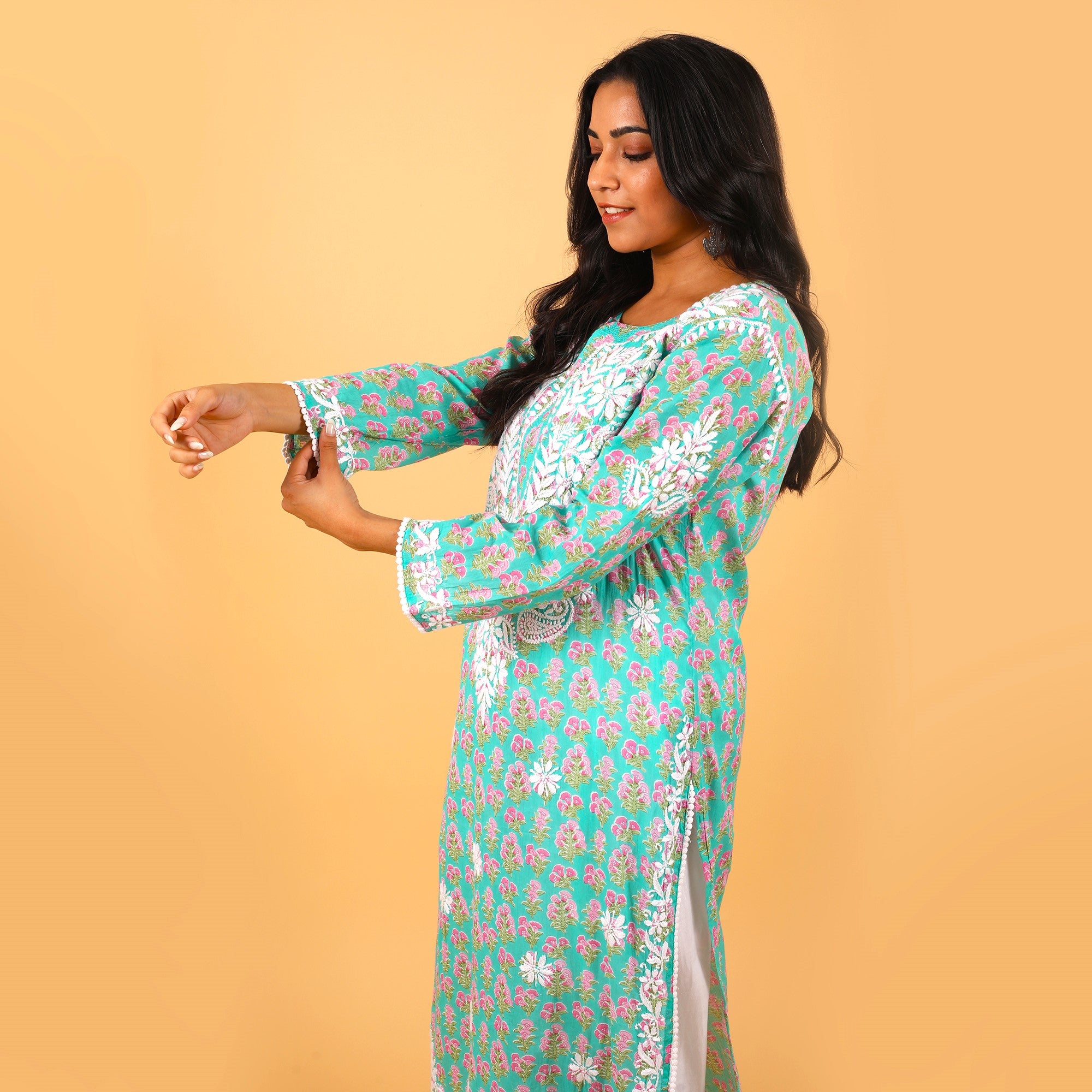 Jugni Mul cotton Chikankari Straight Kurti Turquoise Green