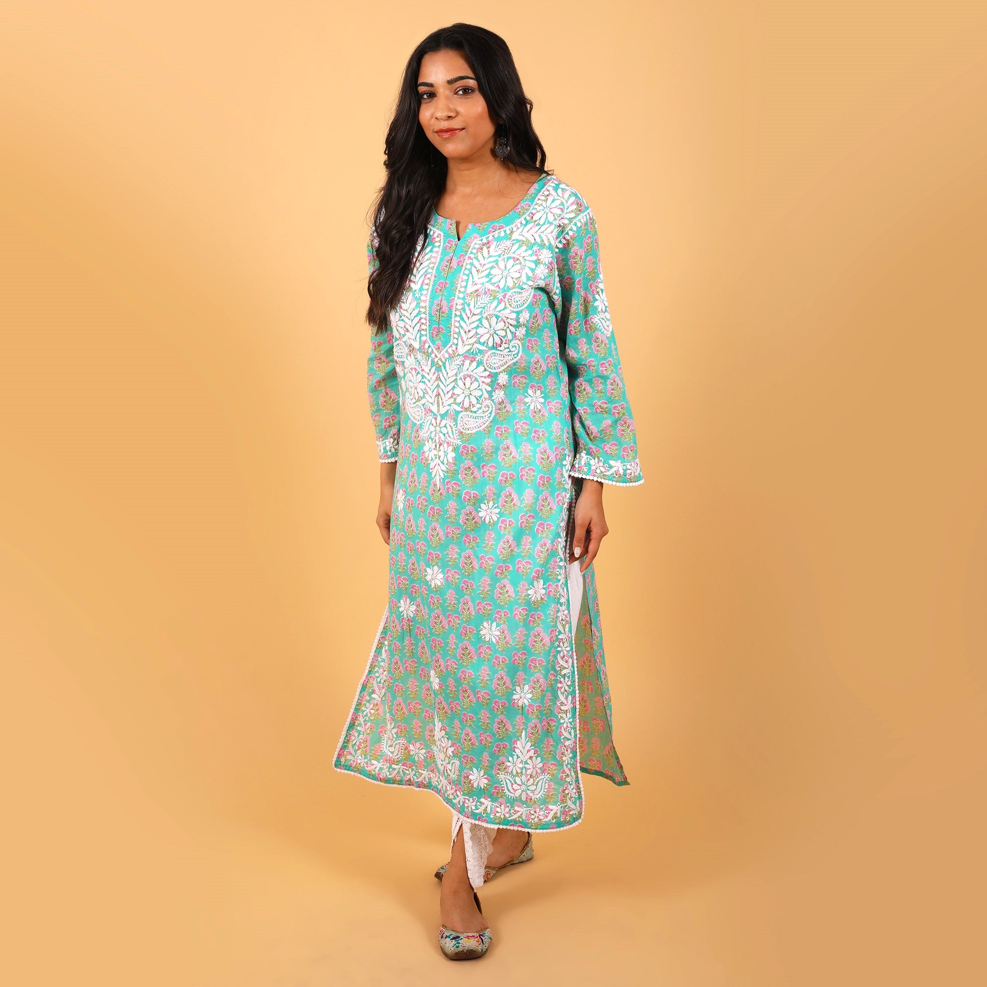 Jugni Mul cotton Chikankari Straight Kurti Turquoise Green