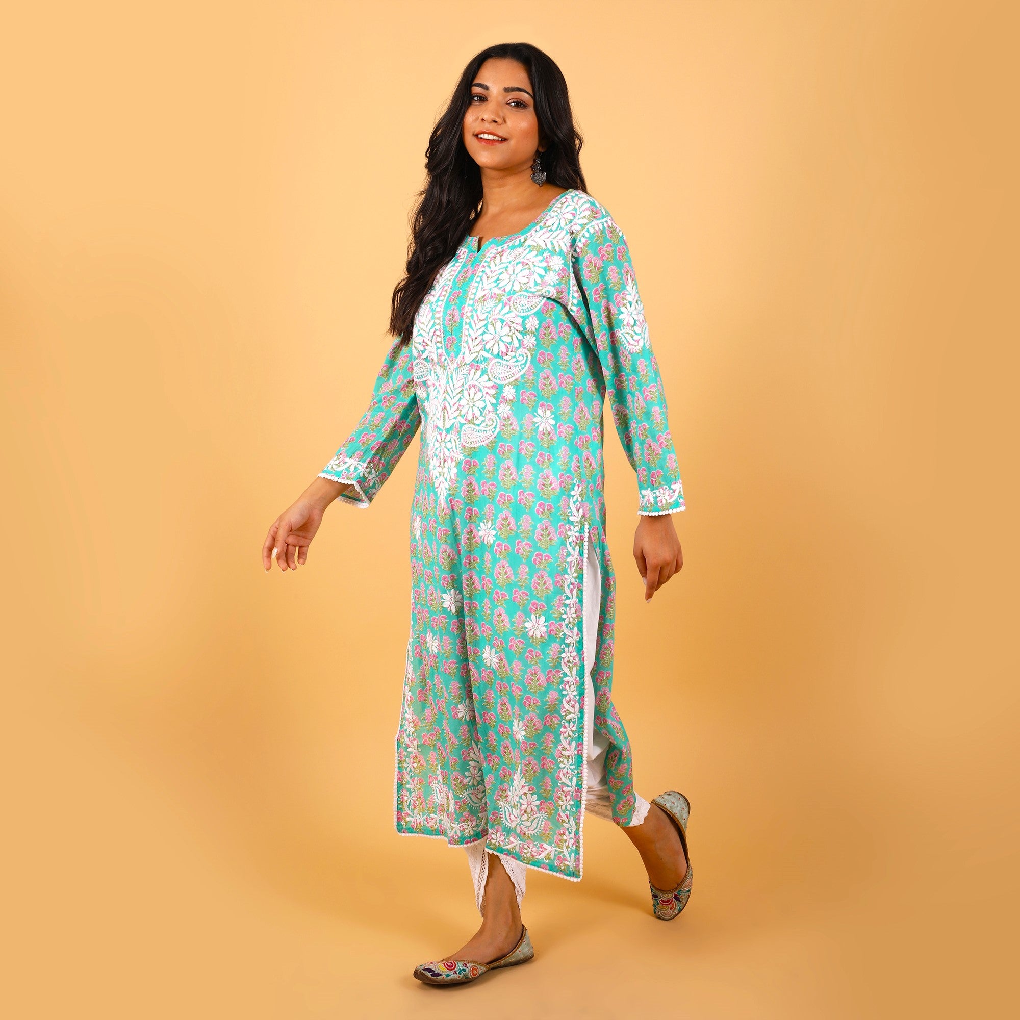 Jugni Mul cotton Chikankari Straight Kurti Turquoise Green