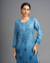 SEHER! Blue Chanderi Silk Straight Kurti Ombre shaded Chikankari kurti with Afghani Pant