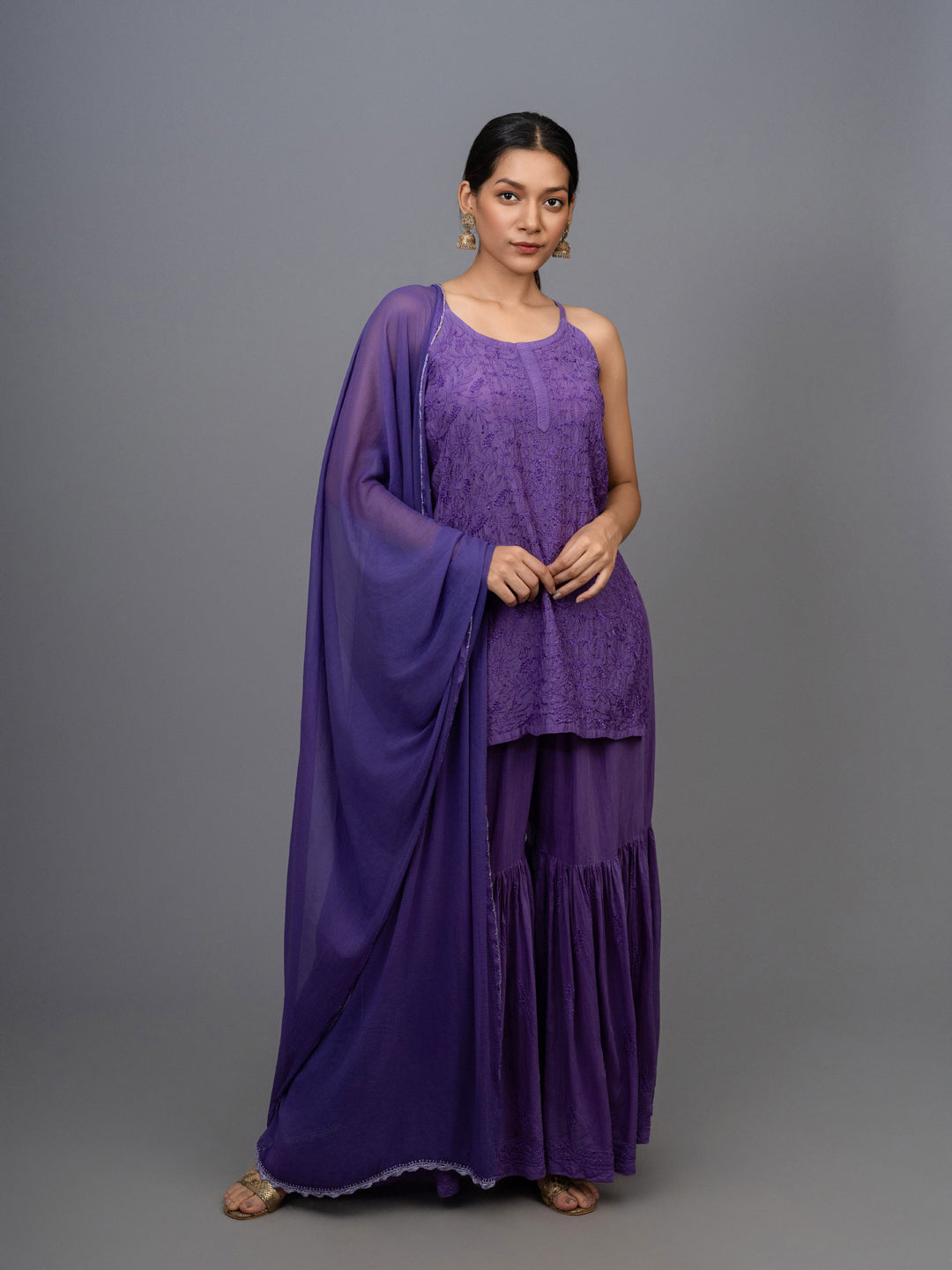 Zehnab! Muslin Chikankari Sharara paired with a sleek spaghetti strap purple kurta