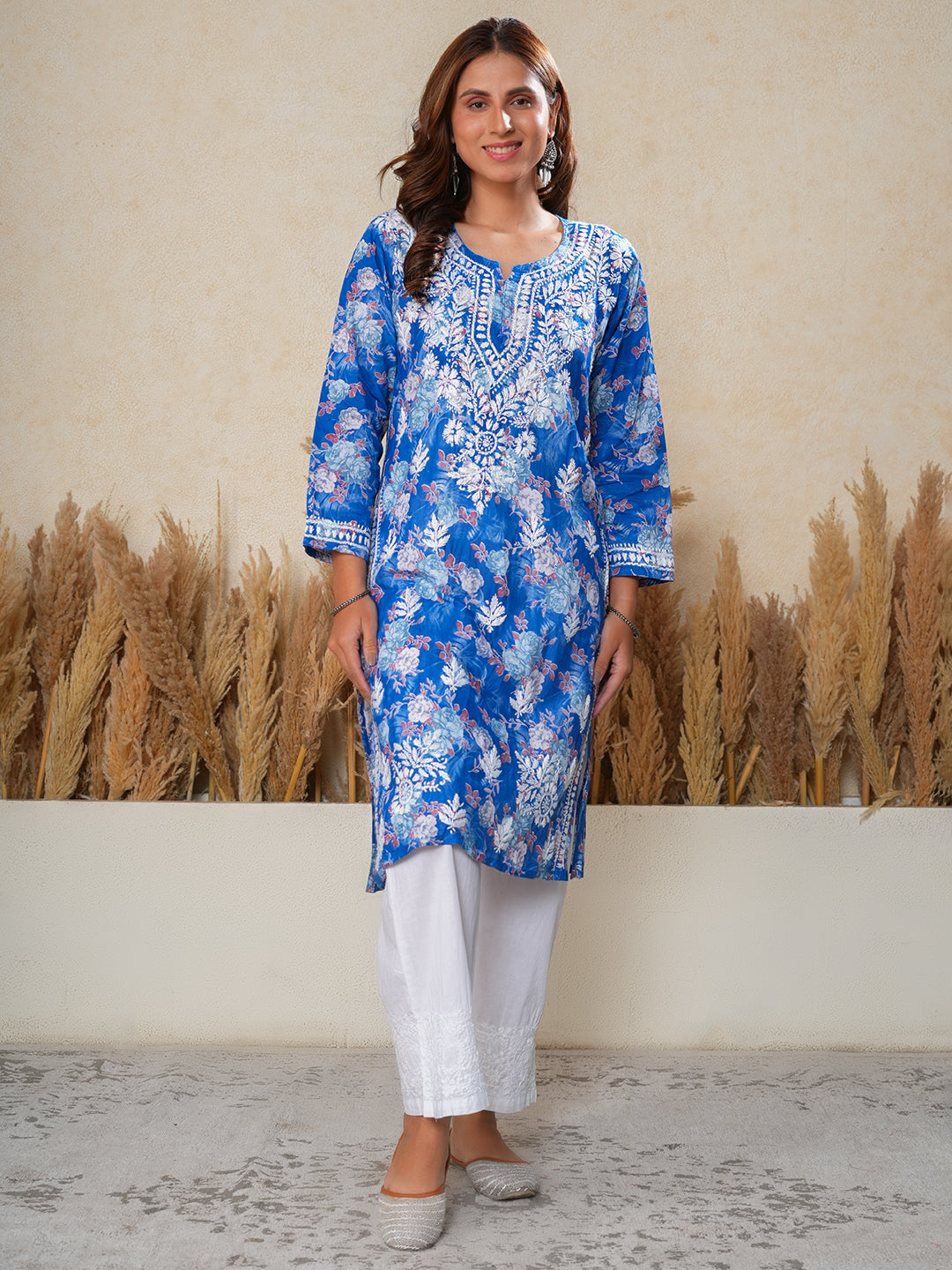 Jugni Blue Printed Mul Cotton Chikankari Straight kurti