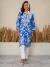 Jugni Blue Printed Mul Cotton Chikankari Straight kurti