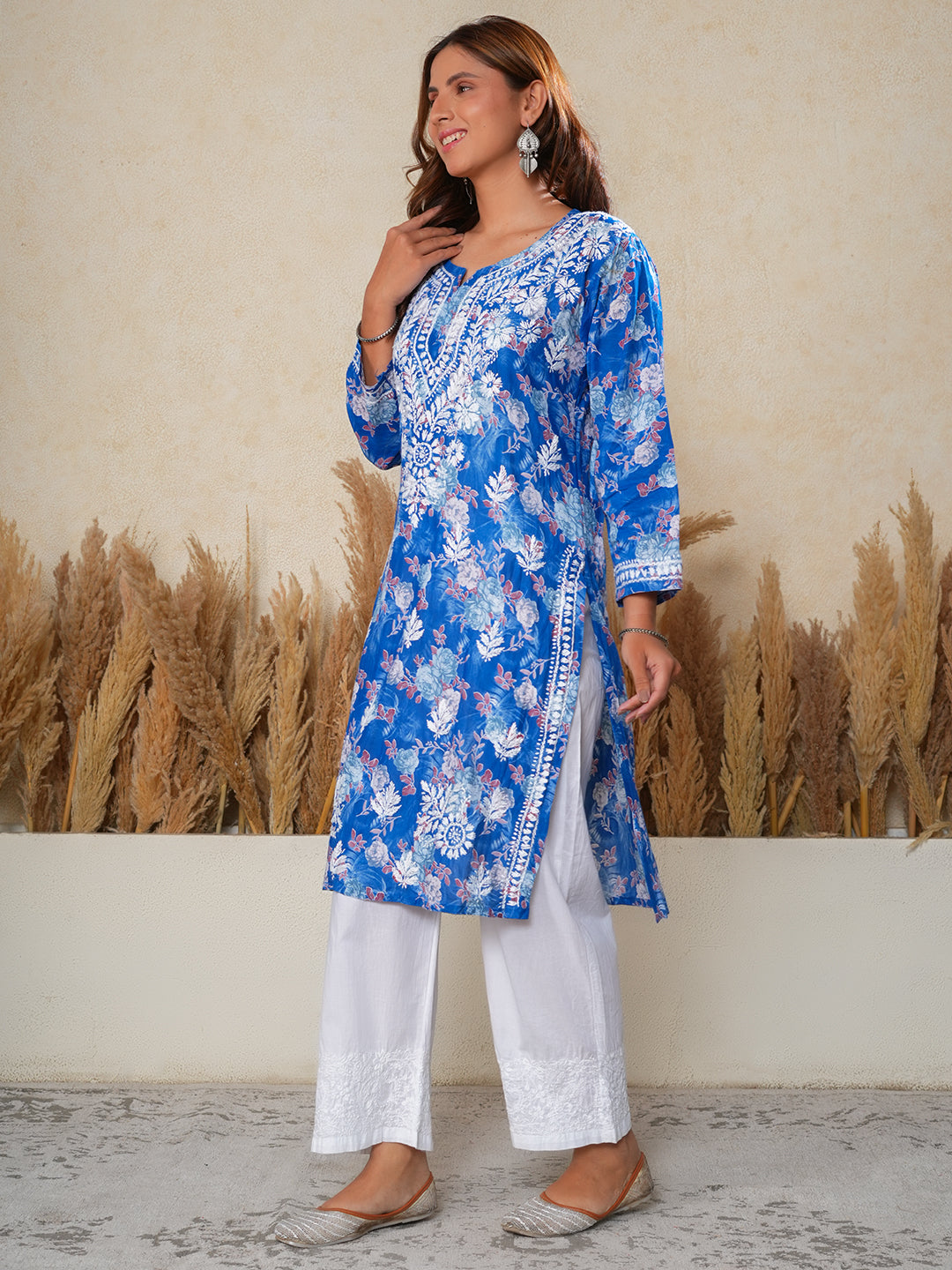 Jugni Blue Printed Mul Cotton Chikankari Straight kurti