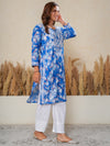 Jugni Blue Printed Mul Cotton Chikankari Straight kurti