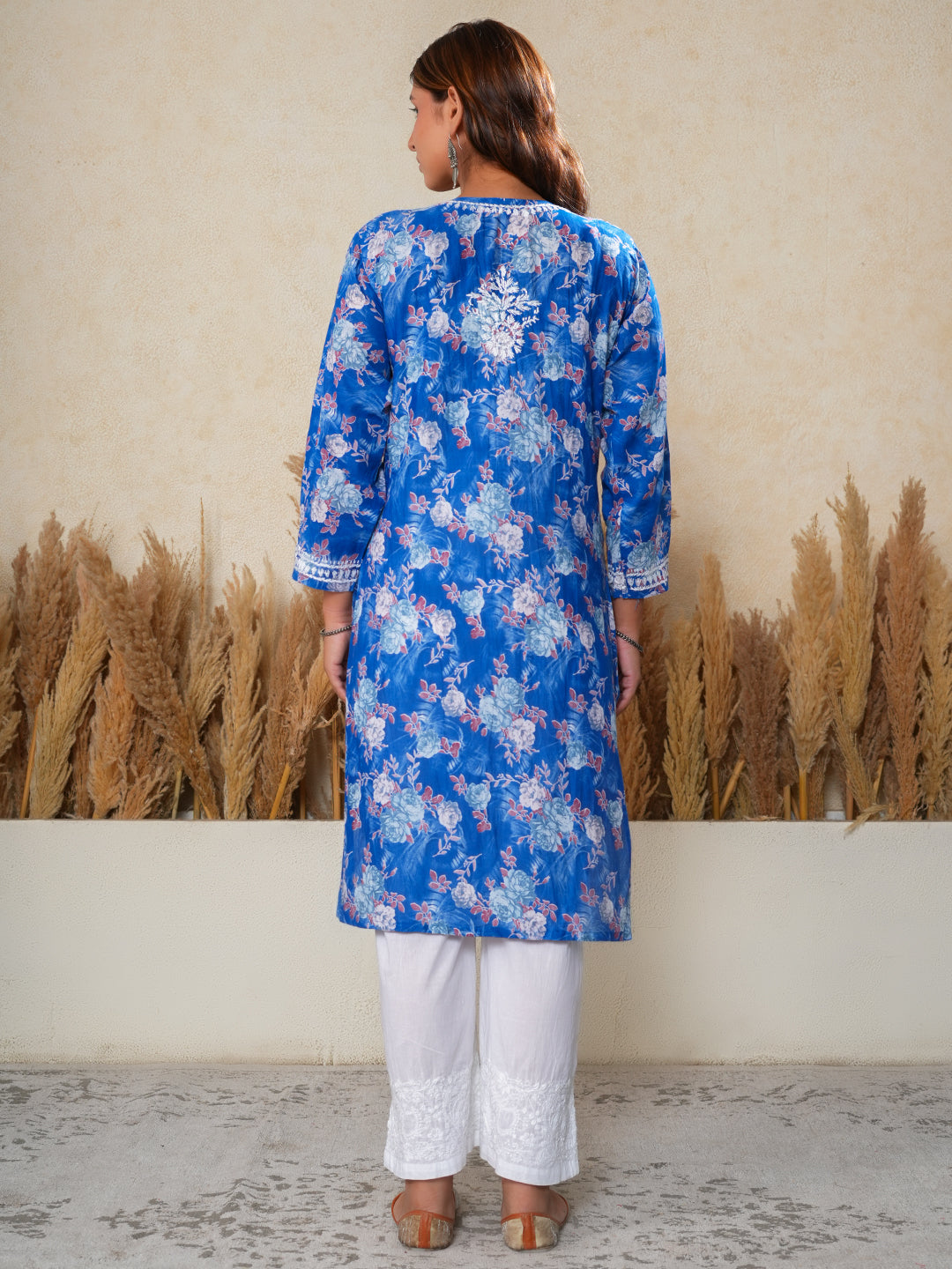Jugni Blue Printed Mul Cotton Chikankari Straight kurti