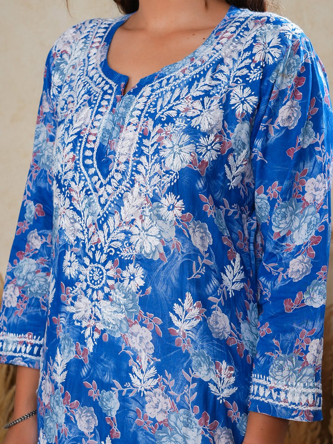 Jugni Blue Printed Mul Cotton Chikankari Straight kurti