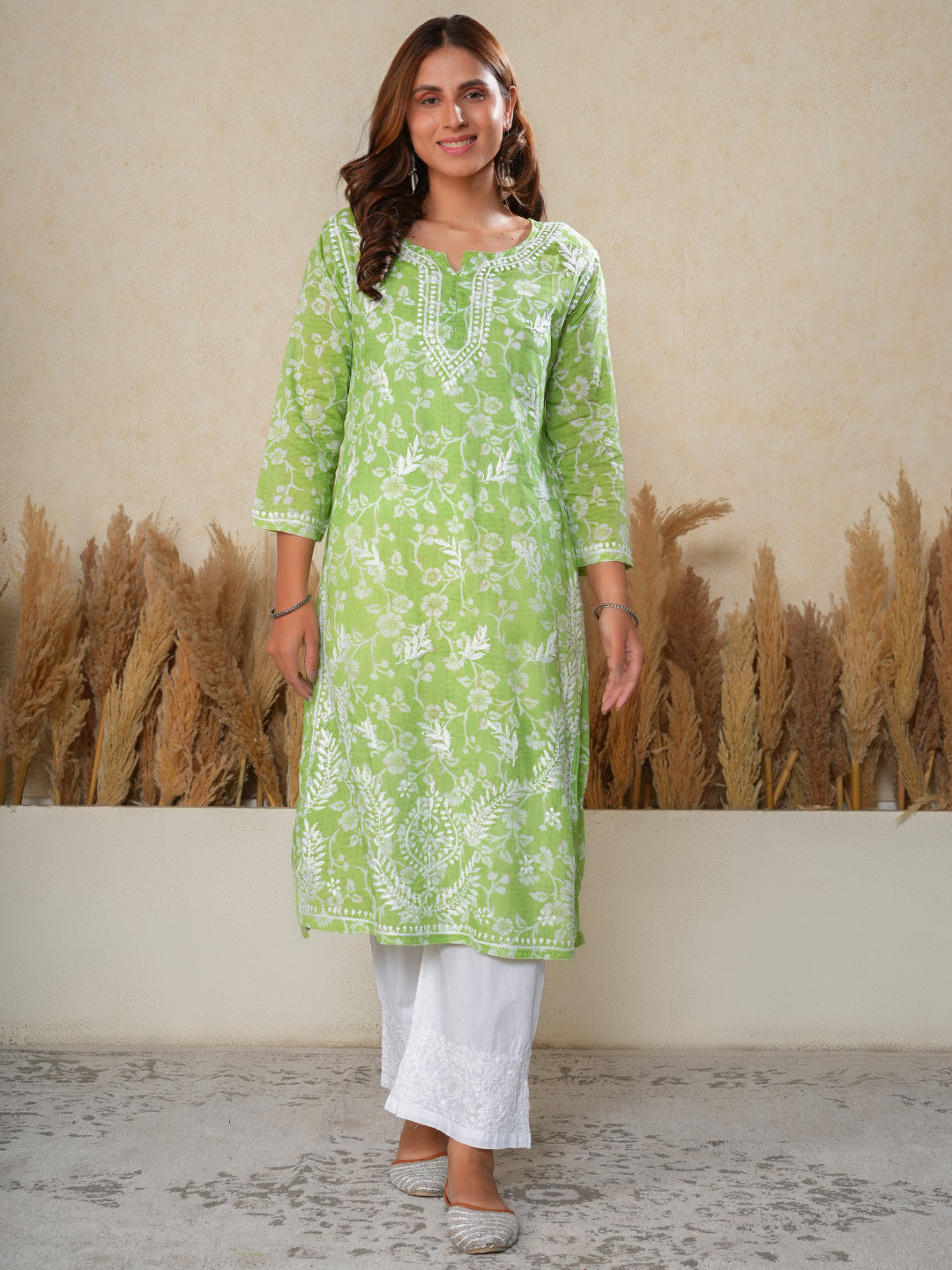 Jugni Mul Cotton Printed Straight Kurti-Light Green