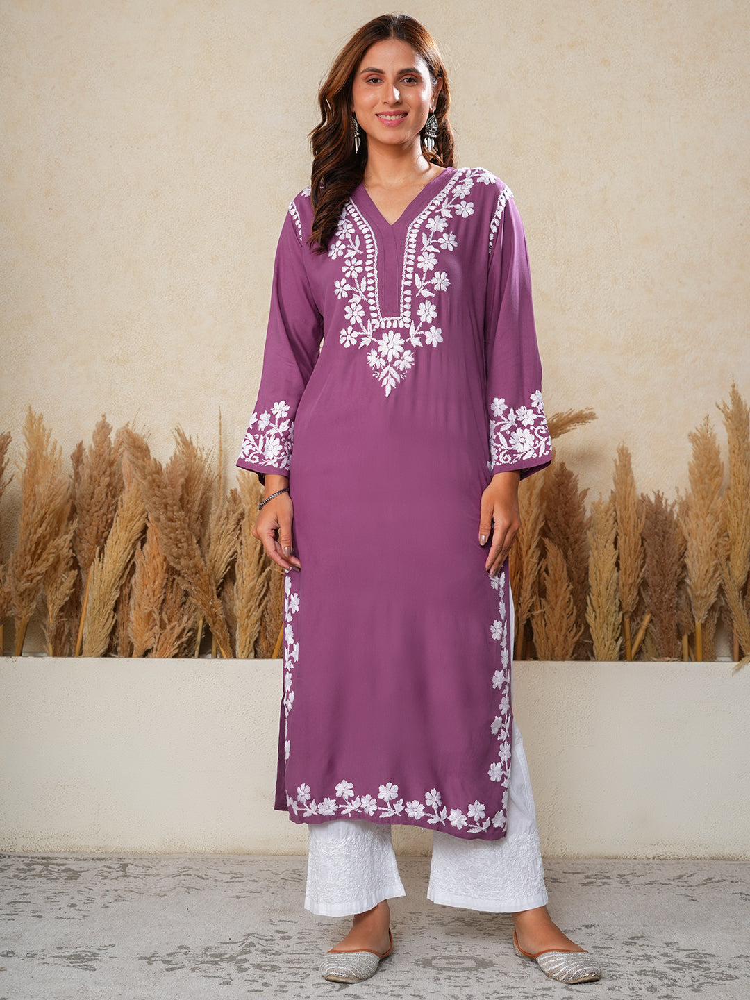 Nilofar: Violet Hand embroidered Rayon Chikankari Kurti
