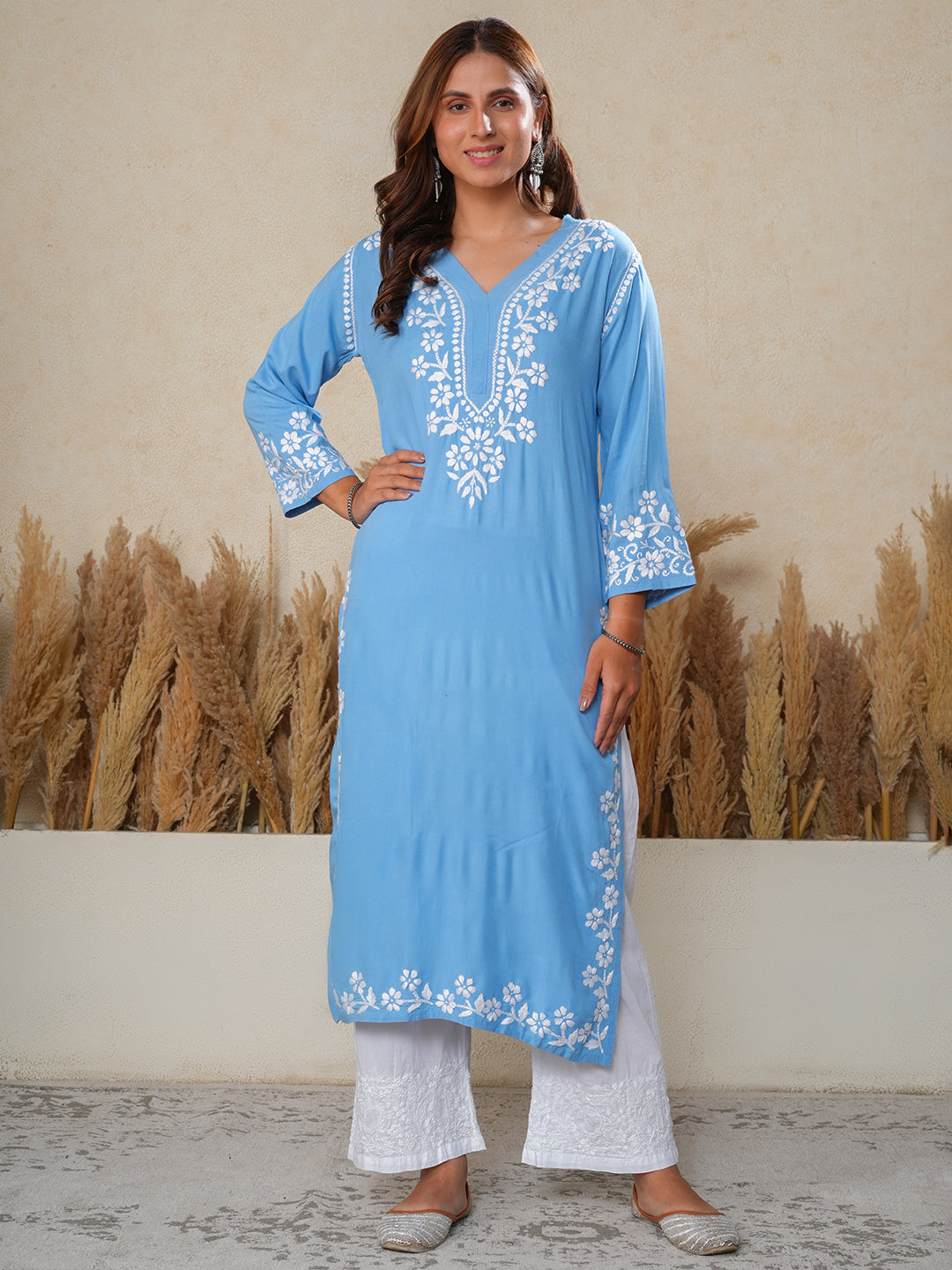 Nilofar: Blue Hand embroidered Rayon Chikankari Kurti